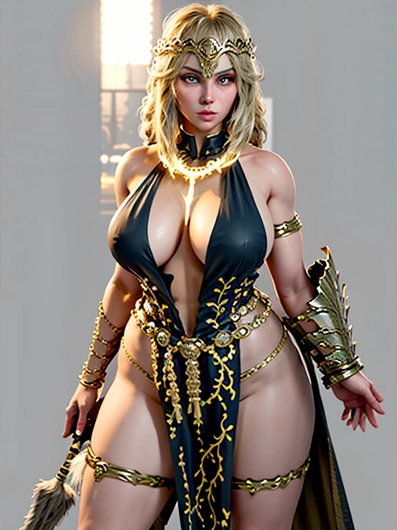 The character, depicted in a dynamic pose, wields a sword and shield, suggesting a warrior or fighter. She has blonde hair, blue eyes, and wears armor reminiscent of fantasy and mythology, common in many games and stories. Exaggerated and voluptuous features distinguish her, including a curvy silhouette, wide hips, thick thighs, and plump, large breasts. Towering at 188cm, she boasts hyper-realistic, saggy breasts and an intricately designed breastplate. The FFXIV art style is evident, reflecting the impact of social media and online platforms on perceptions of body size and shape. The artwork is highly detailed, vibrant, and focuses on the character's physique and the elaborate environment. With big boobs and a full body, it has gained popularity on ArtStation and CGSociety. Notably, the sharp focus showcases Leina or Reina Vance, possibly associated with Queen Blade or Queen Blade Unlimited and the Gigantic Breast trend. Her blonde hair flows long and free, completing her striking appearance as Queen Marika. 