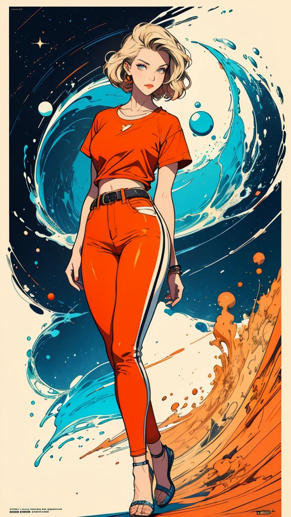 ((masterpiece, Highest quality)), (((whole body :1.5))), 32K Wallpapers, Very detailed, Poster, Vintage science fiction, 1960s,(((geometric cinematic movie Poster))), (Bauhaus), shape,Abstract, Midcentury Modern, movie Poster, Vintage, Perfect Lady,1970s,Halftone,Speech bubble,(((portfolio,close))), Tall and straight blonde mature girl, Sexy, Medium Neck, He is wearing a plain, tight orange short-sleeved U-neck T-shirt, She completely exposed her midsection, She is wearing jeans, she wears a large orange belt with a red heart-shaped buckle, beautiful abdomen, Beautiful thighs, Long and slender thighs, A pose that makes it appear as if you are facing forward with your hands on your hips, whole body