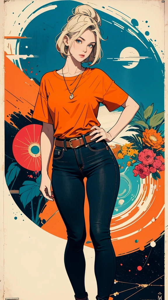 ((masterpiece, Highest quality)), (((whole body :1.5))), 32K Wallpapers, Very detailed, Poster, Vintage science fiction, 1960s,(((geometric cinematic movie Poster))), (Bauhaus), shape,Abstract, Midcentury Modern, movie Poster, Vintage, Perfect Lady,1970s,Halftone,Speech bubble,(((portfolio,close))), Tall and straight blonde mature girl, Sexy, Medium Neck, He is wearing a plain, tight orange short-sleeved U-neck T-shirt, She completely exposed her midsection, She is wearing jeans, she wears a large orange belt with a red heart-shaped buckle, beautiful abdomen, Beautiful thighs, Long and slender thighs, A pose that makes it appear as if you are facing forward with your hands on your hips, whole body