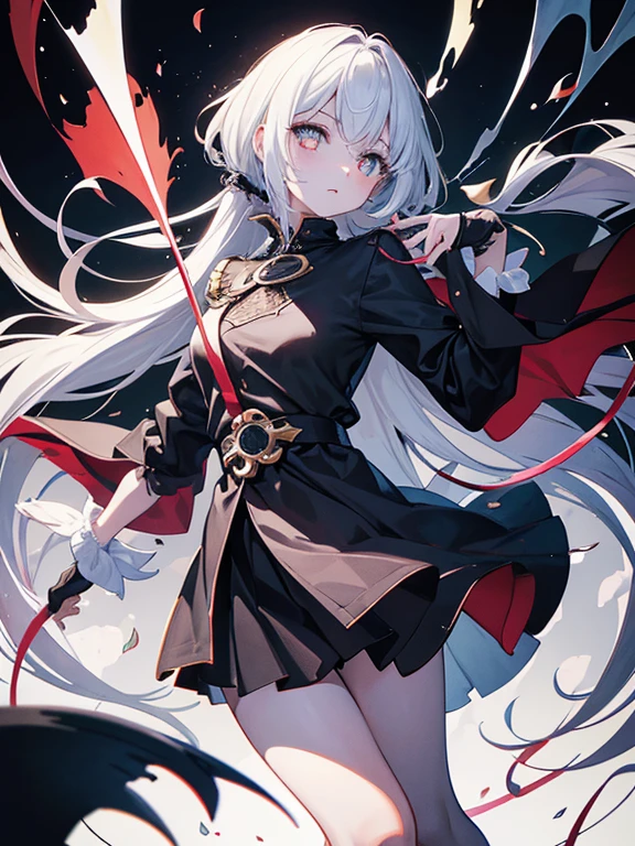 Maiden, bareleged, defeated, round red thread striped road black robe, hood, cape, red eyes, long white hair, standing posture, full body, mage, holy girl