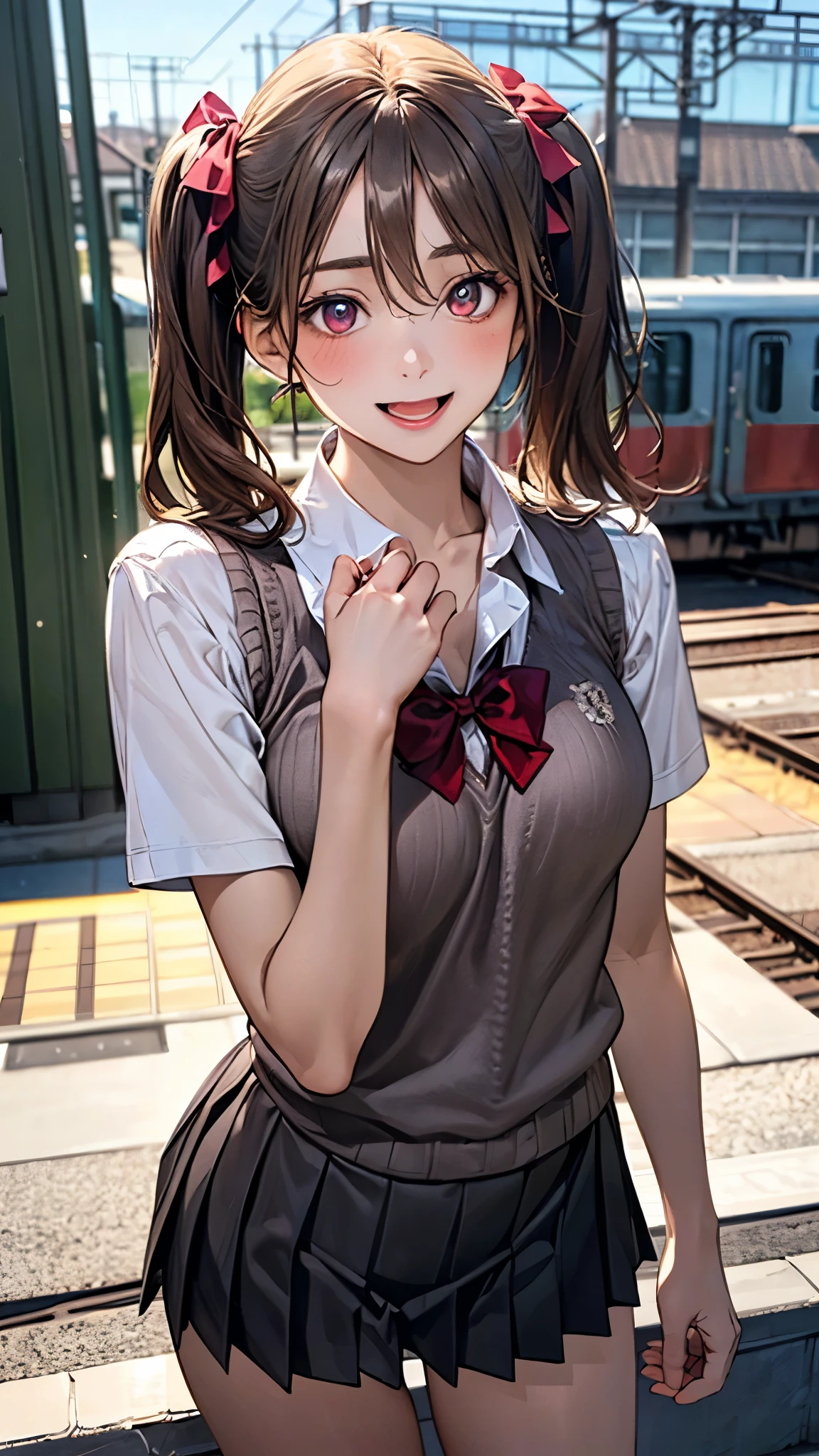 (masterpiece:1.2, top-quality), (realistic, photorealistic:1.4), beautiful illustration, (natural side lighting, movie lighting), depth of fields, nsfw,
beautiful detailed hair, beautiful detailed face, beautiful detailed eyes, beautiful clavicle, beautiful body, beautiful chest, beautiful thigh, beautiful legs,
looking at viewer, 1 girl, 12 years old, (perfect anatomy, anatomically correct, super detailed skin), cute and symmetrical face, perfect face, perfect eyes,
(middle hair, twin tails, light brown hair), hair between eyes, break maroon eyes, big eyes, (medium breasts, seductive thighs), perfect body, shiny skin, pink skin,
(detailed cloth texture, break short sleeve white collared shirt, break (light brown knit vest), break grey pleated skirt, break red bow tie), break
(beautiful scenery), evening, (train station), standing, (lovely smile, open mouth slightly),