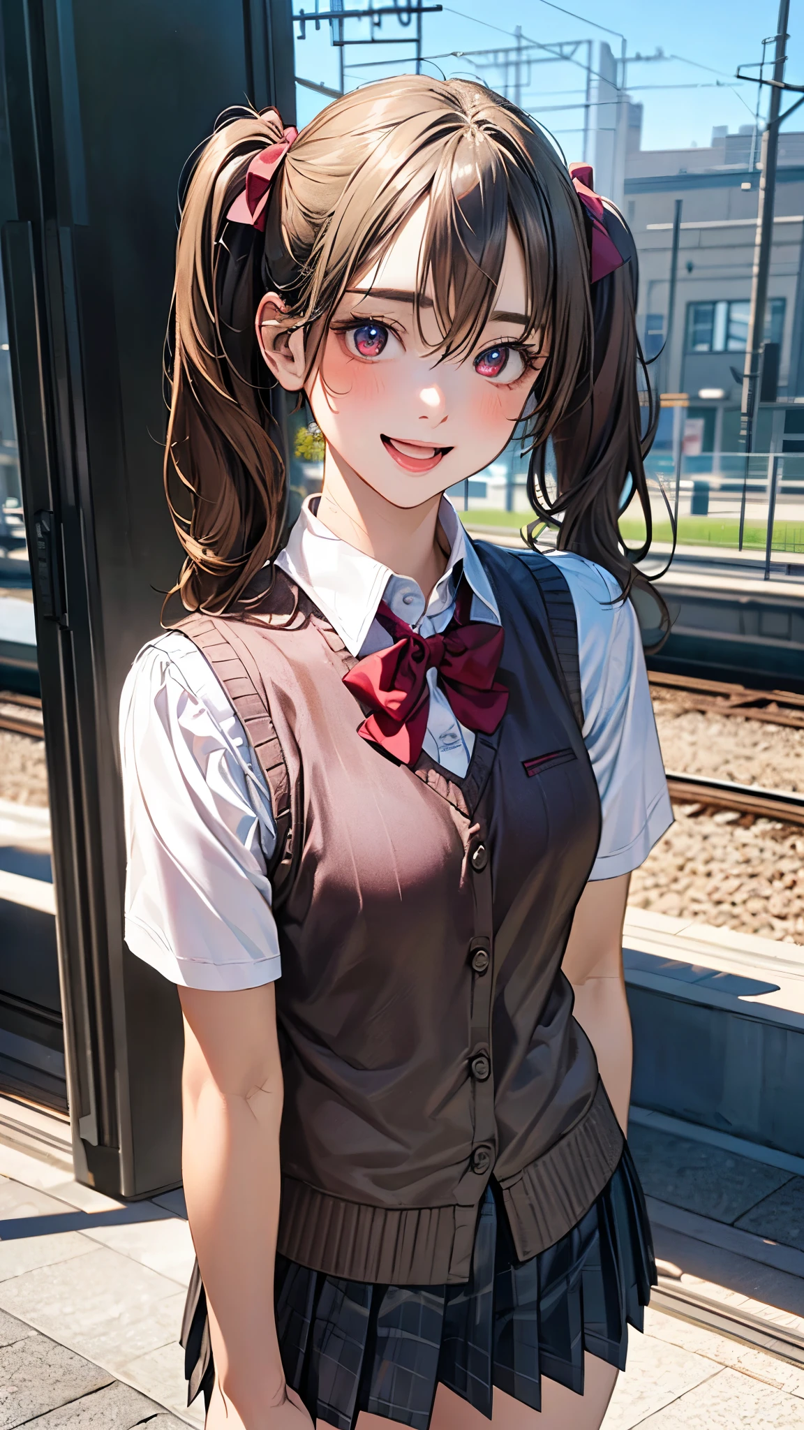 (masterpiece:1.2, top-quality), (realistic, photorealistic:1.4), beautiful illustration, (natural side lighting, movie lighting), depth of fields, nsfw, 
beautiful detailed hair, beautiful detailed face, beautiful detailed eyes, beautiful clavicle, beautiful body, beautiful chest, beautiful thigh, beautiful legs, 
looking at viewer, 1 girl, 12 years old, (perfect anatomy, anatomically correct, super detailed skin), cute and symmetrical face, perfect face, perfect eyes, 
(middle hair, twin tails, light brown hair), hair between eyes, break maroon eyes, big eyes, (medium breasts, seductive thighs), perfect body, shiny skin, pink skin, 
(detailed cloth texture, break short sleeve white collared shirt, break (light brown knit vest), break grey pleated skirt, break red bow tie), break 
(beautiful scenery), evening, (train station), standing, (lovely smile, open mouth slightly), 