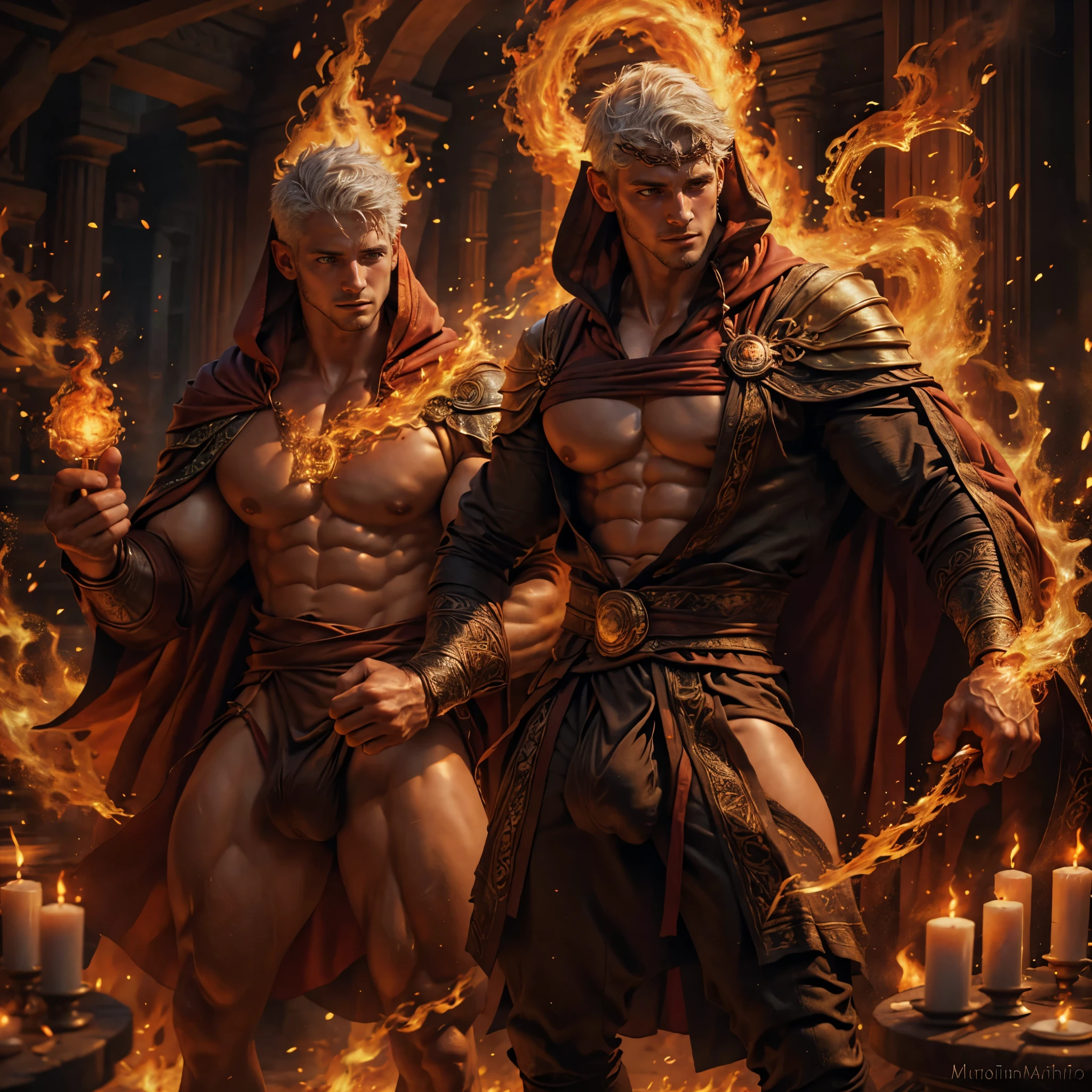 realist, masterpiece, intricate details, detailed background, depth of field, muscular, Photo of a handsome Latin magician, 40 years, (short white hair), Voluptuous crotch, fire spell, magician, He wears a long cape with a hood, Sexy muscular, wearing thong, Chest focus, incendiary, brown skin.