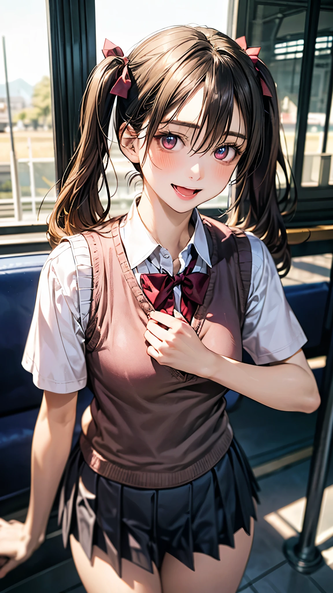 (masterpiece:1.2, top-quality), (realistic, photorealistic:1.4), beautiful illustration, (natural side lighting, movie lighting), depth of fields, nsfw,
beautiful detailed hair, beautiful detailed face, beautiful detailed eyes, beautiful clavicle, beautiful body, beautiful chest, beautiful thigh, beautiful legs,
looking at viewer, 1 girl, , (perfect anatomy, anatomically correct, super detailed skin), cute and symmetrical face, perfect face, perfect eyes,
(middle hair, twin tails, light brown hair), hair between eyes, break maroon eyes, big eyes, (medium breasts, sedthighs), perfect body, shiny skin, pink skin,
(detailed cloth texture, break short sleeve white collared shirt, break (light brown knit vest), break grey pleated skirt, break red bow tie), break
(beautiful scenery), evening, (train station), standing, (lovely smile, open mouth slightly),