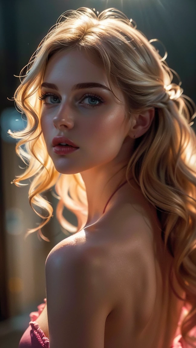 (((ultra realistic))) Photo, masterpiece, top quality, (pale skin), (Ultra detailed face and eyes:1.3), 1 girl, Adult, In Lifchik, ((Eye makeup, pink mascara)), ((large detailed lips)), ((pink wavy hair)), ((Chyolka)) , (Natural breasts), Slim waist. ((Posing)), photoshoot, studio (contour lighting), (The play of light and shadows), depth of field, bokeh, (special attention to skin detail: 1.2), Detailed leather texture, skin pores. (Light atmosphere of the frame. Color range - delicate, Bright, Yellow tones), UDR, ((Film grain)), ((rays)), (Glare), ((Photo from the back)) , ultra detialed,