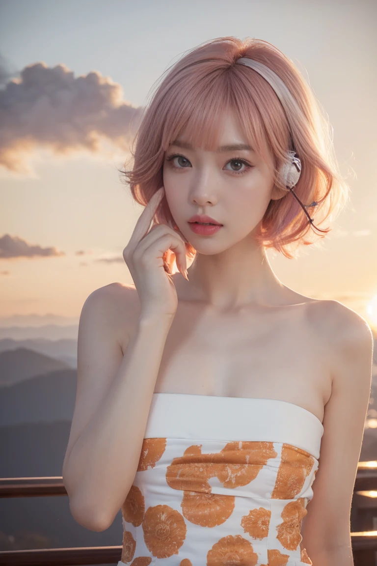 Top Quality, Masterpiece, Super High Resolution, (Actual:1.3), Original Photo, (Nature Photography), (Magnificent mountaintop, Sea of clouds), (Very wide mountain top), (Sunrise), (Girl), (Upper body), (Natural Light: 1.0), (Side View: 0.0), (Cowboy Shot: 0.0), (upper body: 1.8), (Close-up: 0.8), Portrait, Cinematic Lighting, Glow, Ray tracing, reflected light, f135mm, UHD, accurate, skin texture, super detail, great detail, high quality, highest quality, 8k, (surrealism: 1.2), BREAK, (Japanese: 1.3), (22 years old: 1.0), (Small breasts: 1.6), (Long, large, slit eyes: 1.8), (Realistic eyes: 1.8), (Height at 165cm: 1.2) , (Transparent white skin: 1.2), (Short curly bright pink hair with bangs: 1.3), (Deep eyeshadow makeup: 1.4), BREAK, (Correct hand: 1.6), (Correct fingertips: 1.6), Sexy pose, (Place hand near cheek: 1.8), BREAK, (Big white headphones: 1.4), (Wearing an orange and white printed strapless dress: 1.3), BREAK,