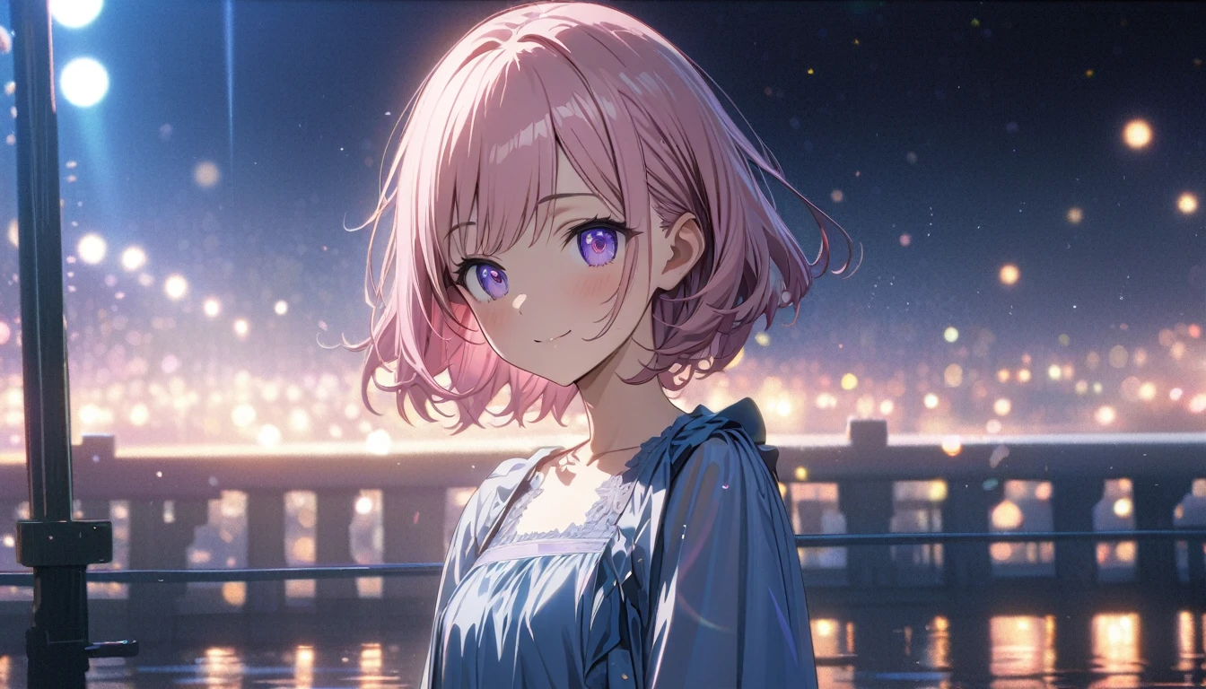 one girl, short pink hair and bob hair.、beautiful purple eyes、smile、gentle smile on her face、flat chest, one Beautiful girl,((masterpiece, illustration, best quality) ((ultra-detailed))\scene of a Beautiful 1girl, solo, gentle smile on her face flat chest, short hair, pink hair, purple eyes, (detailed eyes), standing on a bridge at night', wearing a blue dress, a young adult woman, 濃い青とBeautiful Blueのグラデーション, High resolution, 8K HD detail, hyper-detail, cinematic, surrealism, soft light, deep field focus bokeh, ray tracing and surrealism. --v6