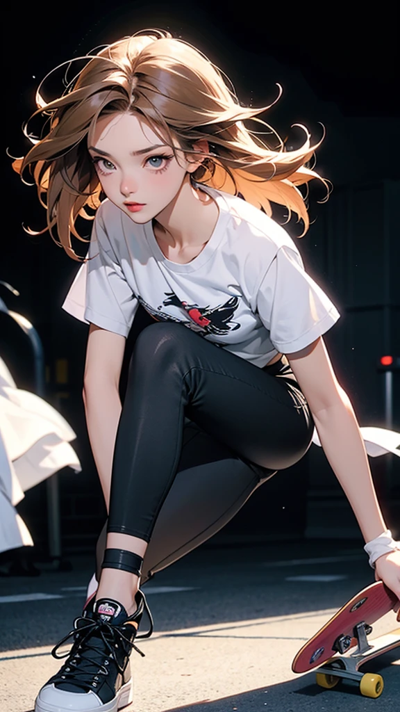 An elaborate anime-style illustration of a skateboarder. Eyes focused and facing forward. She is wearing a black helmet, a black short-sleeved shirt with a patterned sports bra underneath. Long light hair flowing behind her. She is wearing black pants with knee pads and black skate shoes. She is posing in the air, performing a skateboard trick. One hand is outstretched for balance, the other is slightly bent with her wrist relaxed. Her knees are bent and her body is leaning slightly forward. The skateboard is positioned under her feet, showing dynamic movement and action. The overall energetic and athletic look captures the intensity of skateboarding. Close-up of her face in an overhead bird's-eye view (high resolution), Anatomically correct, Highest quality,
