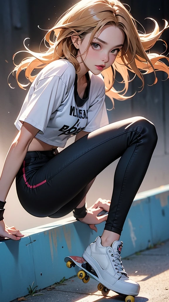 An elaborate anime-style illustration of a skateboarder. Eyes focused and facing forward. She is wearing a black helmet, a black short-sleeved shirt with a patterned sports bra underneath. Long light hair flowing behind her. She is wearing black pants with knee pads and black skate shoes. She is posing in the air, performing a skateboard trick. One hand is outstretched for balance, the other is slightly bent with her wrist relaxed. Her knees are bent and her body is leaning slightly forward. The skateboard is positioned under her feet, showing dynamic movement and action. The overall energetic and athletic look captures the intensity of skateboarding. Close-up of her face in an overhead bird's-eye view (high resolution), Anatomically correct, Highest quality,