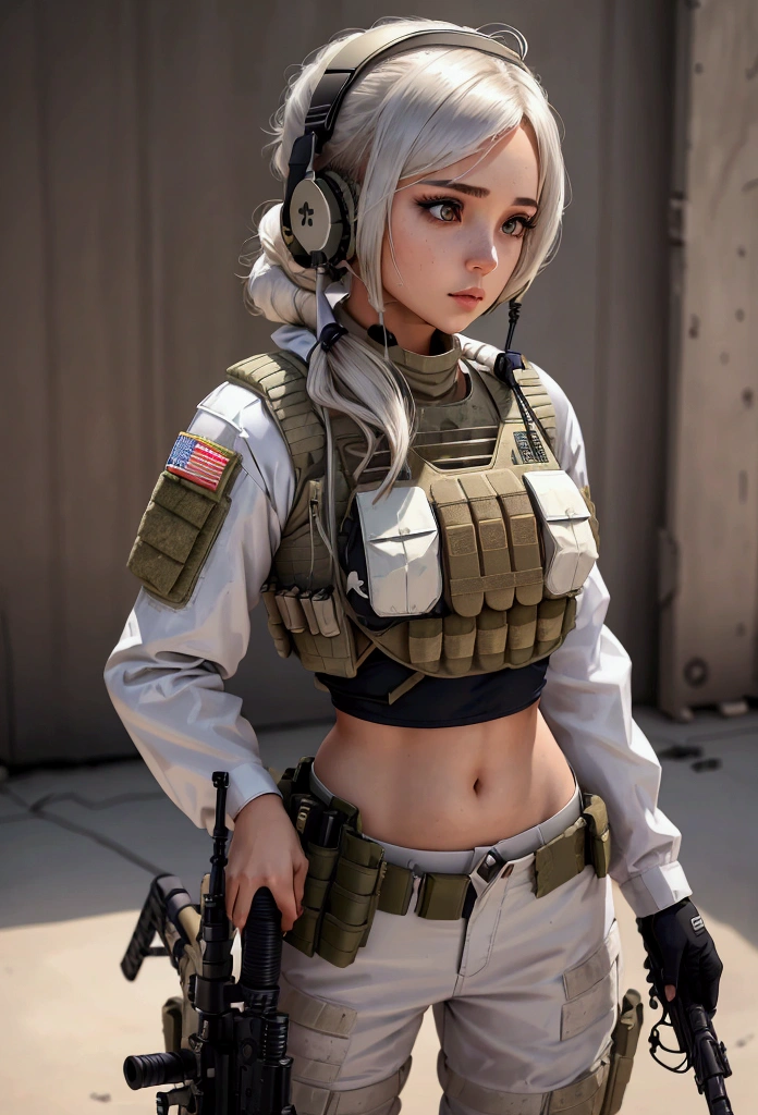 ((a woman in a white outfit holding a rifle and wearing headphones)), 24-year-old woman,  soldier girl, mechanized soldier girl, military girl, beautiful female soldier, female lead character, infantry girl, of a sniper girl in war, solo female character, future combat gear, close up half body shot, ((Women in crop top military bulletproof vest)), (showing navel), wearing tactical gear, dressed in tactical armor, (aiming rifle)