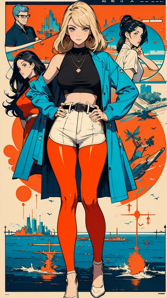 ((masterpiece, Highest quality)), (((whole body :1.5))), 32K Wallpapers, Very detailed, Poster, Vintage science fiction, 1960s,(((geometric cinematic movie Poster))), (Bauhaus), shape,Abstract, Midcentury Modern, movie Poster, Vintage, Perfect Lady,1970s,Halftone,Speech bubble,(((portfolio,close))), Tall and straight blonde mature girl, Sexy, Medium Neck, He is wearing a plain, tight orange short-sleeved U-neck T-shirt, She completely exposed her midsection, She is wearing jeans, she wears a large orange belt with a red heart-shaped buckle, beautiful abdomen, Beautiful thighs, Long and slender thighs, A pose that makes it appear as if you are facing forward with your hands on your hips, whole body
