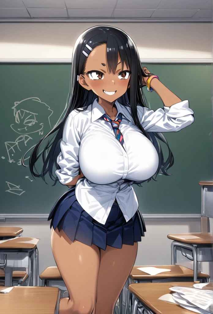 Enormous massive gigantic big large fat breasts  girl:nagatoro_hayase, brown eyes, black hair, long hair, dark skin, dark-skinned female, tan, tanlines, hairclip, , white shirt, collared shirt, pleated skirt,A mischievous girl with a sly grin, standing in a school classroom. She has sharp, narrow eyes giving a teasing look, and her eyebrows are raised in a playful manner. She wears a  with a playful twist: a colorful tie, funky socks, and a few quirky accessories like bracelets and hair clips. Her arms are crossed, and she’s leaning slightly forward, one leg slightly ahead of the other, as if she’s about to make a witty remark. The classroom background includes desks, a blackboard with some doodles, and a few scattered papers on the floor. 