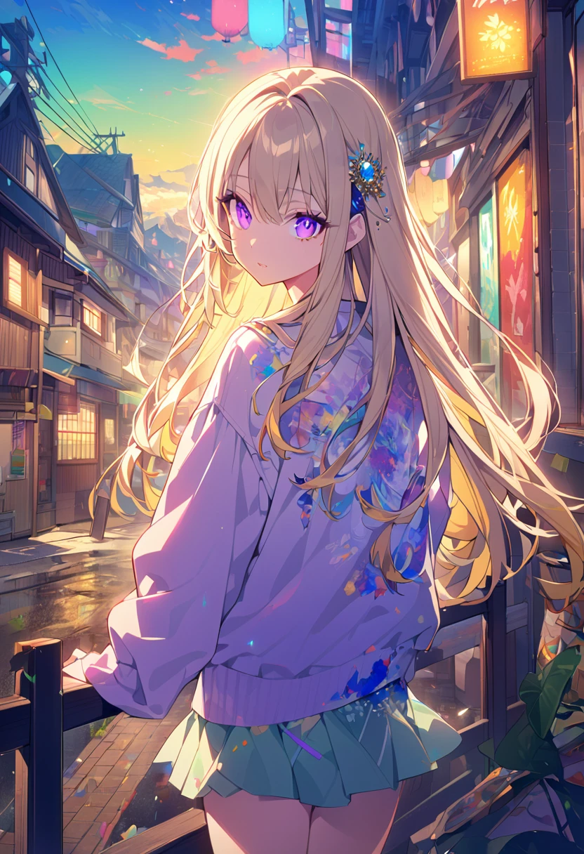 1 person、masterpiece、Highest quality、Beauty、Big eyes、Purple Eyes、Left eye is yellow-green、Blonde Hair、Straight Hair、skirt、Long sleeve、Jeweled Hair Ornaments、Multicolor、colorful、colorfulな背景、paint、anime