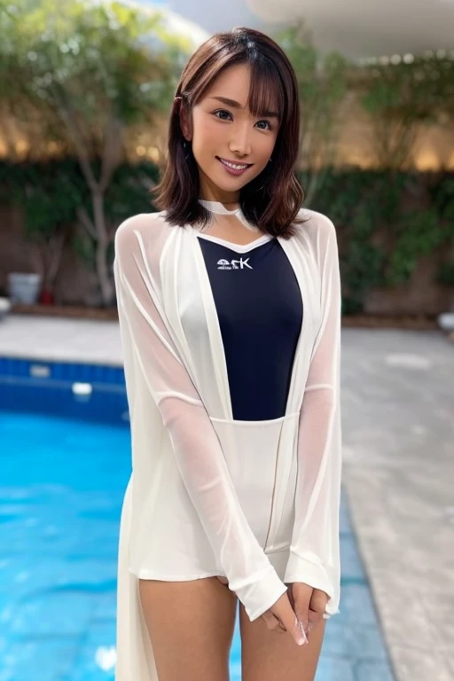 A gorgeous woman in a white onepiece swimsuit, skinny with a healthy, perfect body, defined abs, and blond hair. She is standing in a rainy night pool room, her wet body glistening. Her face is ultra-detailed, with beautiful eyes, lips, and double eyelids. She has a shy smile and trimmed bangs, with black skin and a hint of pubic hair. (best quality, 8k, masterpiece:1.3), frontal and full-body shot, pussy line, front facing and open legs.