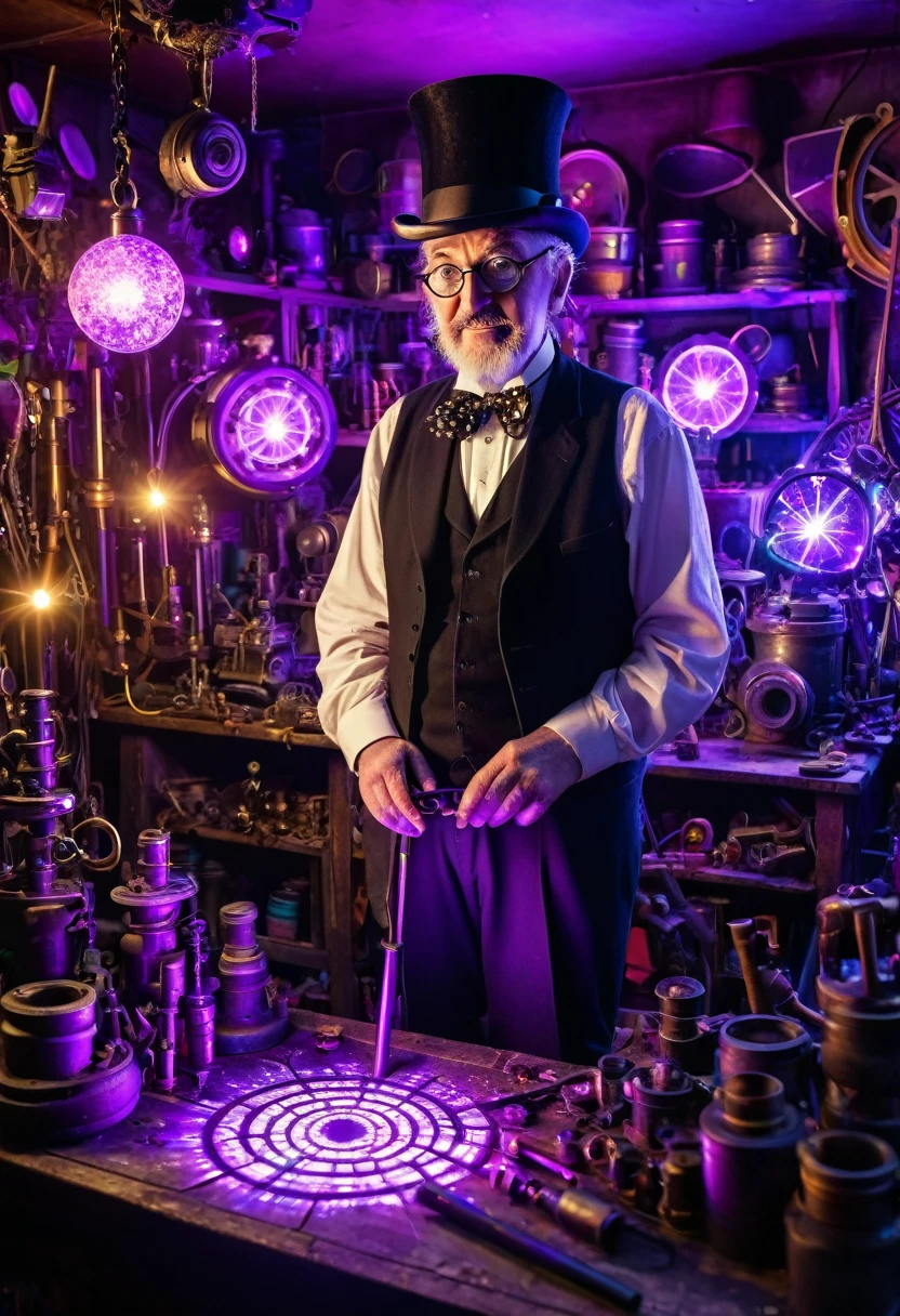 An eccentric inventor wearing a top hat with various tools and gadgets attached, including a glowing purple crystal, standing in a cluttered workshop filled with strange machines, as he unveils his latest creation with a purple glow, cinematic and fantastical atmosphere