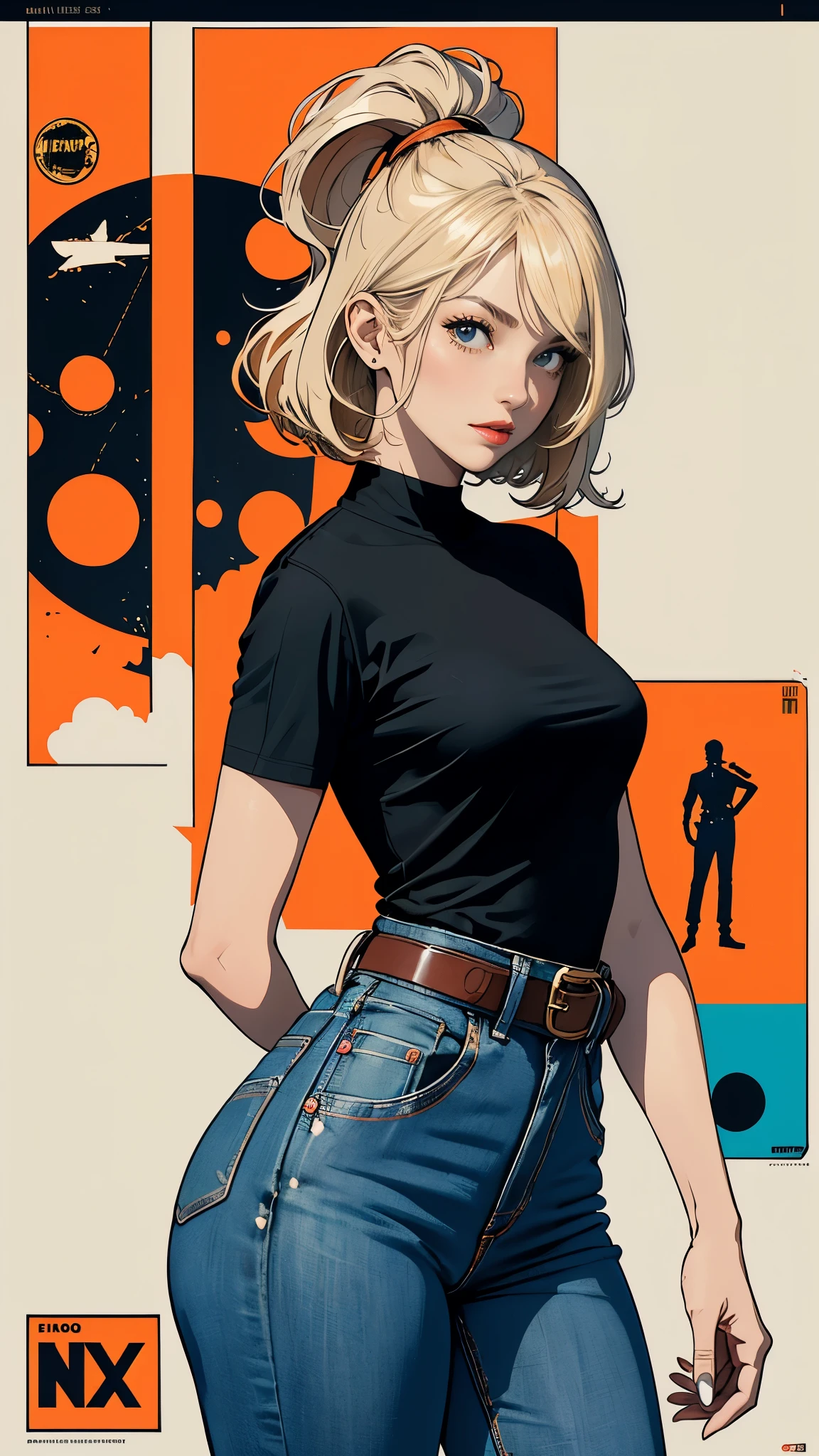 ((masterpiece, Highest quality)), (((whole body :1.5))), 32K Wallpapers, Very detailed, Poster, Vintage science fiction, 1960s,(((geometric cinematic movie Poster))), (Bauhaus), shape,Abstract, Midcentury Modern, movie Poster, Vintage, Perfect Lady,1970s,Halftone,Speech bubble,(((portfolio,close))), Tall and straight blonde mature girl, Sexy, Medium Neck, He is wearing a plain, tight orange short-sleeved U-neck T-shirt, She completely exposed her midsection, She is wearing jeans, she wears a large orange belt with a red heart-shaped buckle, beautiful abdomen, Beautiful thighs, Long and slender thighs, A pose that makes it appear as if you are facing forward with your hands on your hips, whole body