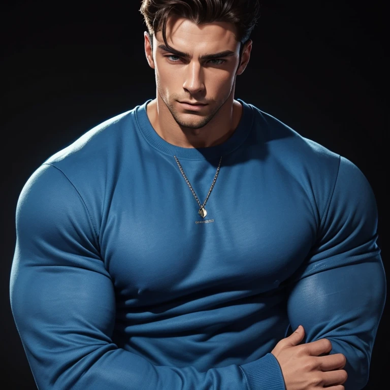 a young and very handsome man, simple blue sweatshirt with long sleeves, extremely handsome, very muscular, with very large muscles, defined and muscular body, on a black background