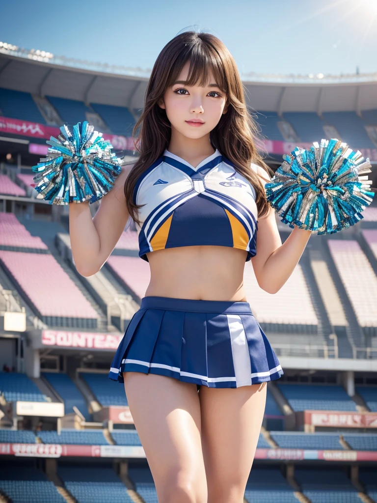 Product quality,1 girl,Cowboy Shot,Young and pretty girl in Japan,Daytime,((Stadium Background:1.2)),Blue Cheerleader Uniform,wear,Micro Pleated Mini Skirt,wear,Very cute face,Glossy Lips,Double eyelids on both eyes,(Natural Makeup),shiny smooth light brown long hair,,,Asymmetrical bangs,Center image,8k resolution,Attention to detail,Detailed hairstyle,Detailed face,Cinema Lighting,Octane Rendering,Ultra-realistic,Perfect limbs,Beautiful legs,Voluptuous thighs,Huge breasts,Perfect Anatomy, Skirt flip,((cheer dance pose:1.5)),((Very sexy:1.3))