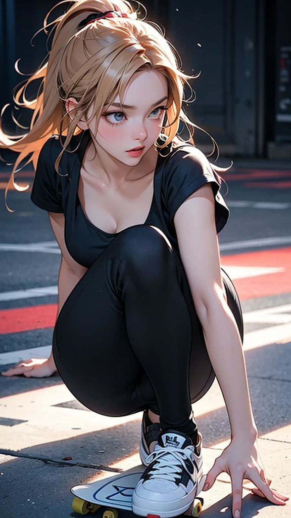 An elaborate anime-style illustration of a skateboarder. Eyes focused and facing forward. She is wearing a black helmet, a black short-sleeved shirt with a patterned sports bra underneath. Long light hair flowing behind her. She is wearing black pants with knee pads and black skate shoes. She is posing in the air, performing a skateboard trick. One hand is outstretched for balance, the other is slightly bent with her wrist relaxed. Her knees are bent and her body is leaning slightly forward. The skateboard is positioned under her feet, showing dynamic movement and action. The overall energetic and athletic look captures the intensity of skateboarding. Close-up of her face in an overhead bird's-eye view (high resolution), Anatomically correct, Highest quality,