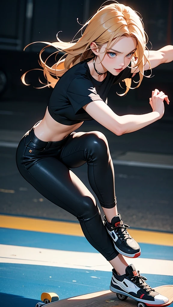An elaborate anime-style illustration of a skateboarder. Eyes focused and facing forward. She is wearing a black helmet, a black short-sleeved shirt with a patterned sports bra underneath. Long light hair flowing behind her. She is wearing black pants with knee pads and black skate shoes. She is posing in the air, performing a skateboard trick. One hand is outstretched for balance, the other is slightly bent with her wrist relaxed. Her knees are bent and her body is leaning slightly forward. The skateboard is positioned under her feet, showing dynamic movement and action. The overall energetic and athletic look captures the intensity of skateboarding. Close-up of her face in an overhead bird's-eye view (high resolution), Anatomically correct, Highest quality,