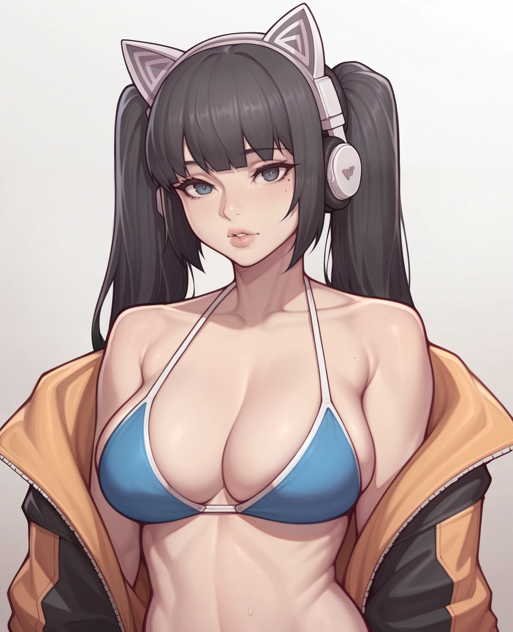 _asura style, 1girl, breasts, solo, headphones, animal_ears, fake_animal_ears, swimsuit, bikini, twintails, animal_ear_headphones, cat_ear_headphones, mole, large_breasts, black_hair, long_hair, blue_bikini, looking_at_viewer, upper_body, mole_under_mouth, lips, jacket, one_eye_closed, bangs