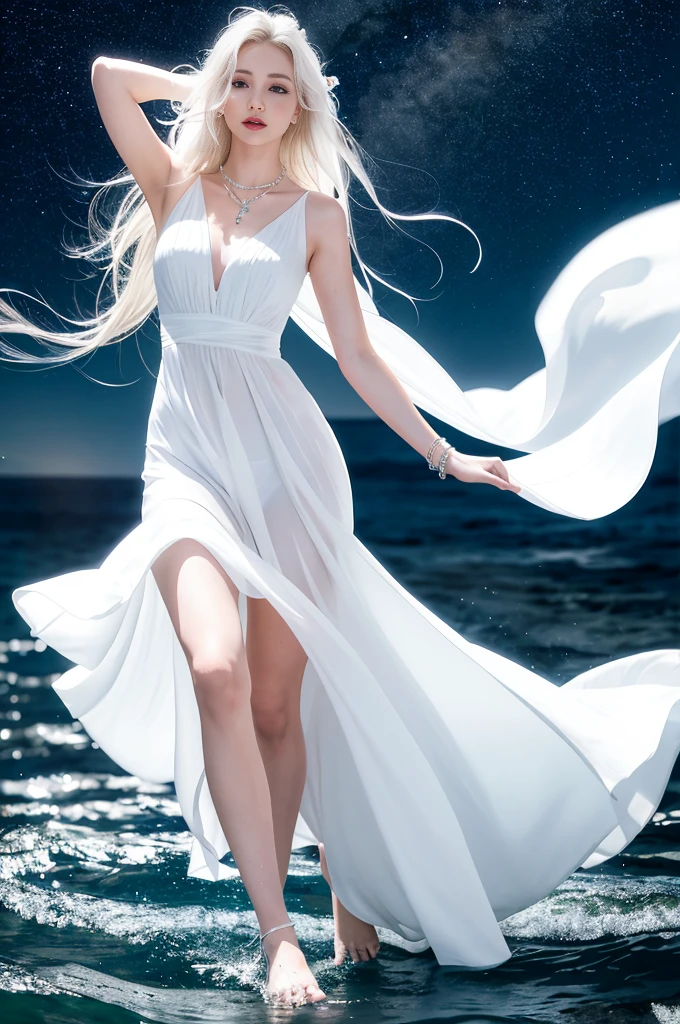 Beautiful woman in white dress standing in sea water,flowing skirt, barefoot, glowing face, eyes shining, pale skin, goddess, get the key, Diamond necklace, Pearl in water, night, Starry Sky, Sky and Milky Way, full moon in background, Como uma goddess, Walk on water, enlightened woman, blue water, wearing a White flowing dress, White flowing dress, She floats in the air, flowing white robe, stand on tiptoes, elegant dress, lindo White long skirt longo, Wearing a flowing dress, floating in the air, White long skirt, Stylish floating pose, hair blowing in the wind, girl dancing in white dress, mystery, magic, realist, shocking, dark, Dramatic, , mystery, goddess