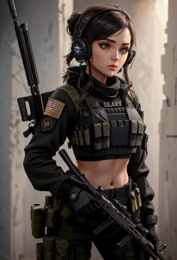 ((a woman in a black outfit holding a rifle and wearing headphones)), 24-year-old woman,  soldier girl, mechanized soldier girl, military girl, beautiful female soldier, female lead character, infantry girl, of a sniper girl in war, solo female character, future combat gear, close up half body shot, ((Women in crop top military bulletproof vest)), (showing navel), wearing tactical gear, dressed in tactical armor, (aiming rifle)