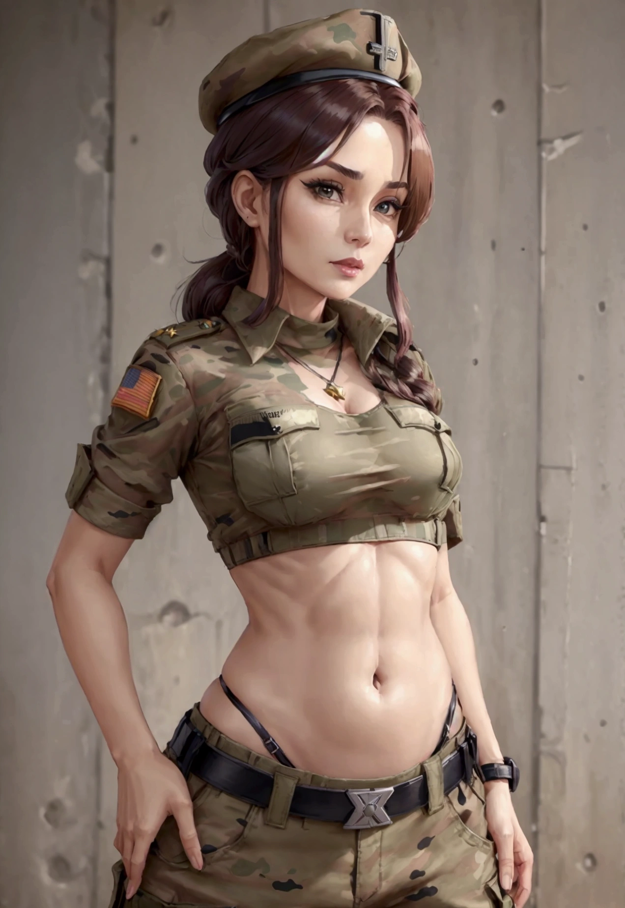 Women in crop top soldier uniform, soldier hat, military brooch on the chest,  exposed abdomen area, very low waist cargo pants, navel piercing , 45 years-old, high ranking , standing, little fat 