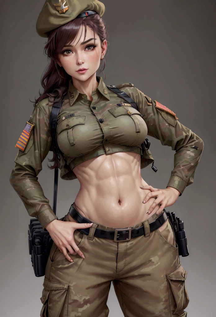 Women in crop top soldier uniform, soldier hat, military brooch on the chest,  exposed abdomen area, very low waist cargo pants, navel piercing , 45 years-old, high ranking , standing, little fat 