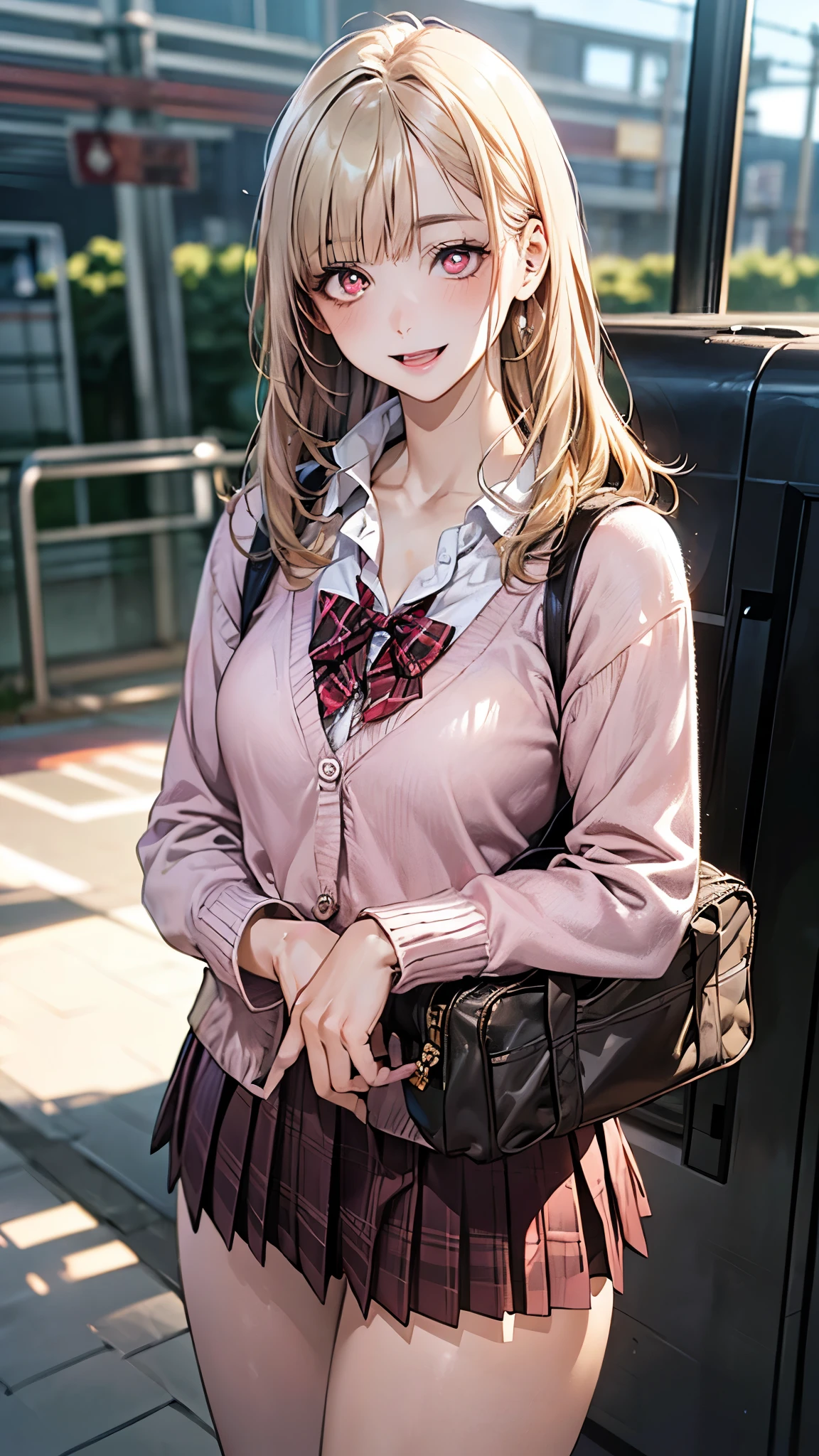 (masterpiece:1.2, top-quality), (realistic, photorealistic:1.4), beautiful illustration, (natural side lighting, movie lighting), depth of fields, nsfw, 
beautiful detailed hair, beautiful detailed face, beautiful detailed eyes, beautiful clavicle, beautiful body, beautiful chest, beautiful thigh, beautiful legs, 
looking at viewer, 1 girl, 12 years old, (perfect anatomy, anatomically correct, super detailed skin), cute and symmetrical face, perfect face, perfect eyes, 
(middle hair, straight hair, curvy hair, ash blonde hair), blunt bangs, break gold eyes, big eyes, long eye lasher, (medium breasts, seductive thighs), perfect body, shiny skin, pink skin, 
(detailed cloth texture, break white collared shirt, break (long sleeve pink knit cardigan), break dark brown pleated skirt, break dark red plaid bow tie), break school bag, 
(beautiful scenery), evening, (train station), standing, (lovely smile, open mouth slightly), 