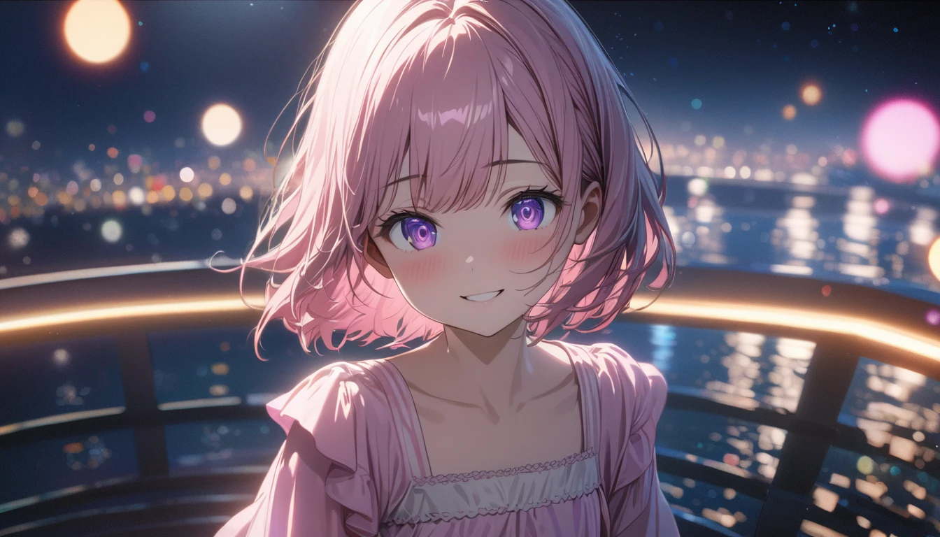 one girl, short pink hair and bob hair.、beautiful purple eyes、smile、gentle smile on her face、flat chest, one Beautiful girl,((masterpiece, illustration, best quality) ((ultra-detailed))\scene of a Beautiful 1girl, solo, gentle smile on her face flat chest, short hair, pink hair, purple eyes, (detailed eyes), standing on a bridge at night', wearing a pink dress, a young adult woman, 濃い青とBeautiful Blueのグラデーション, High resolution, 8K HD detail, hyper-detail, cinematic, surrealism, soft light, deep field focus bokeh, ray tracing and surrealism. --v6