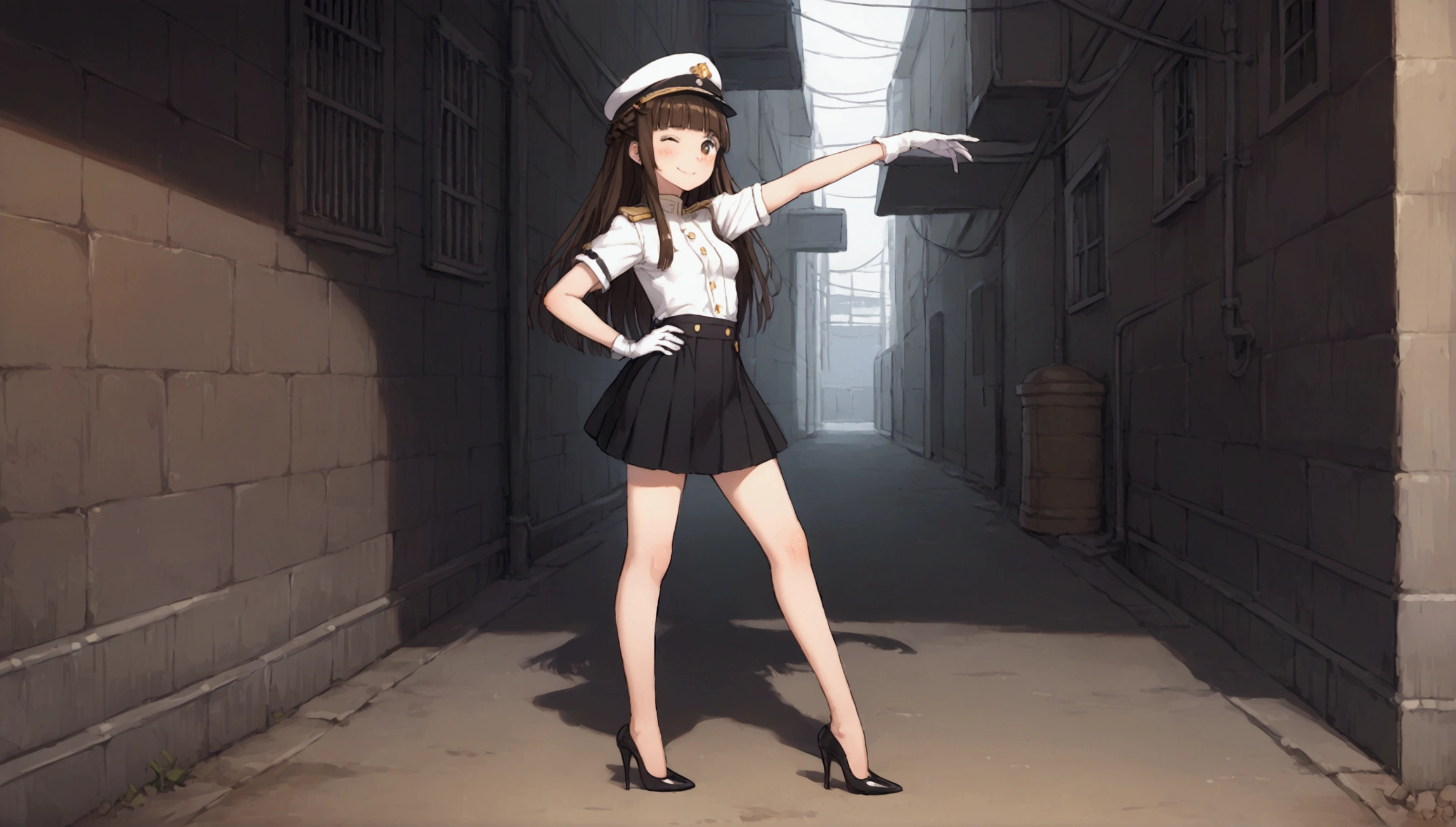 {Highest quality}, {Super beautiful},{Ultra fine},{Best illustration},Brown Hair,Hime cut,long hair,Braid,One woman,Standing Woman,Strike a pose,smile,smilingly,Smile,Wink,Uniform cap,White Shirt,Short sleeve,Long black skirt,White gloves,In the back alley,Blushing,Slender,Black stiletto heels,barefoot,from the front,Put one hand on your hip,One leg up