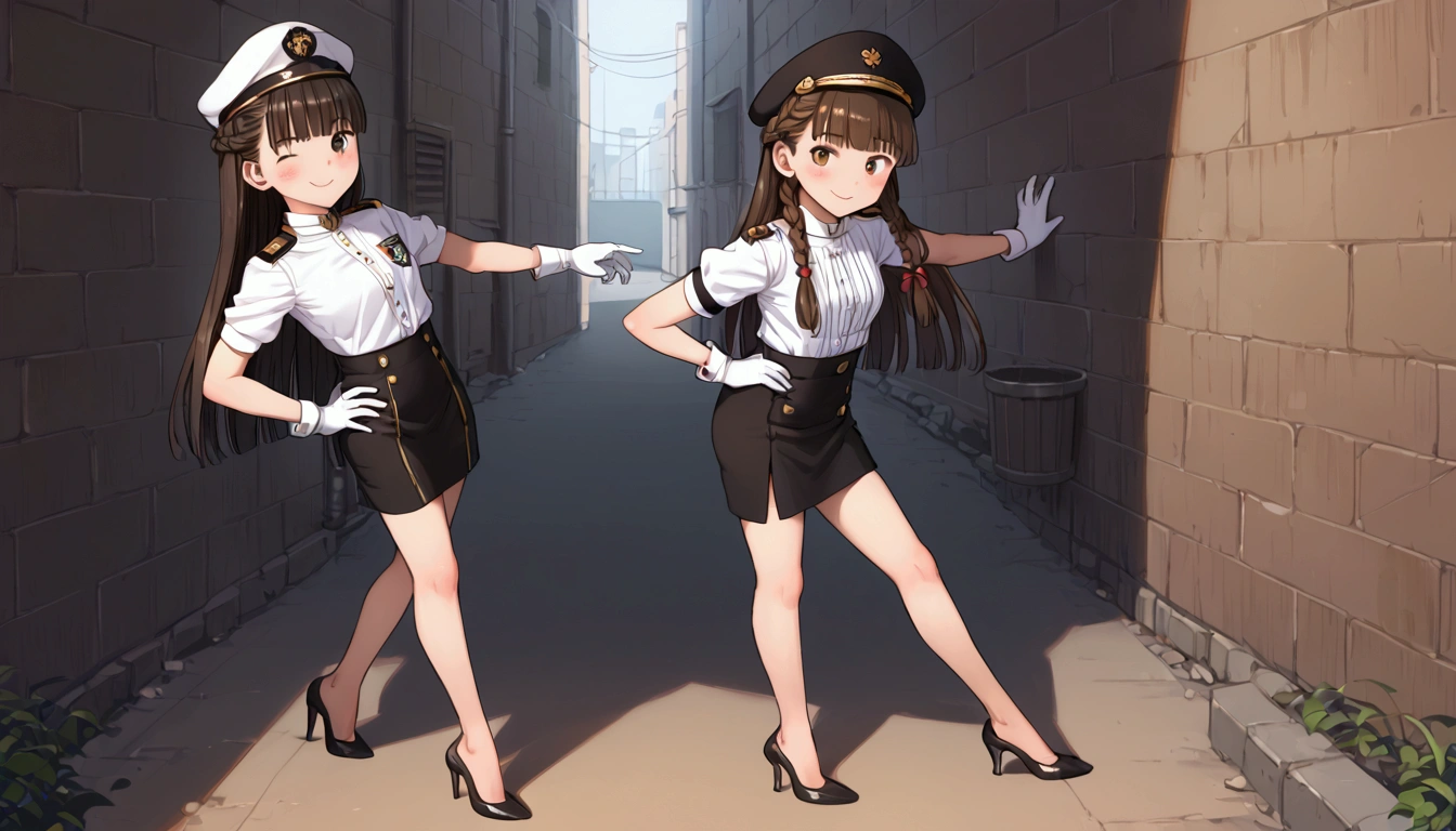 {Highest quality}, {Super beautiful},{Ultra fine},{Best illustration},Brown Hair,Hime cut,long hair,Braid,One woman,Standing Woman,Strike a pose,smile,smilingly,Smile,Wink,Uniform cap,White Shirt,Short sleeve,Long black skirt,White gloves,In the back alley,Blushing,Slender,Black stiletto heels,barefoot,from the front,Put one hand on your hip,One leg up