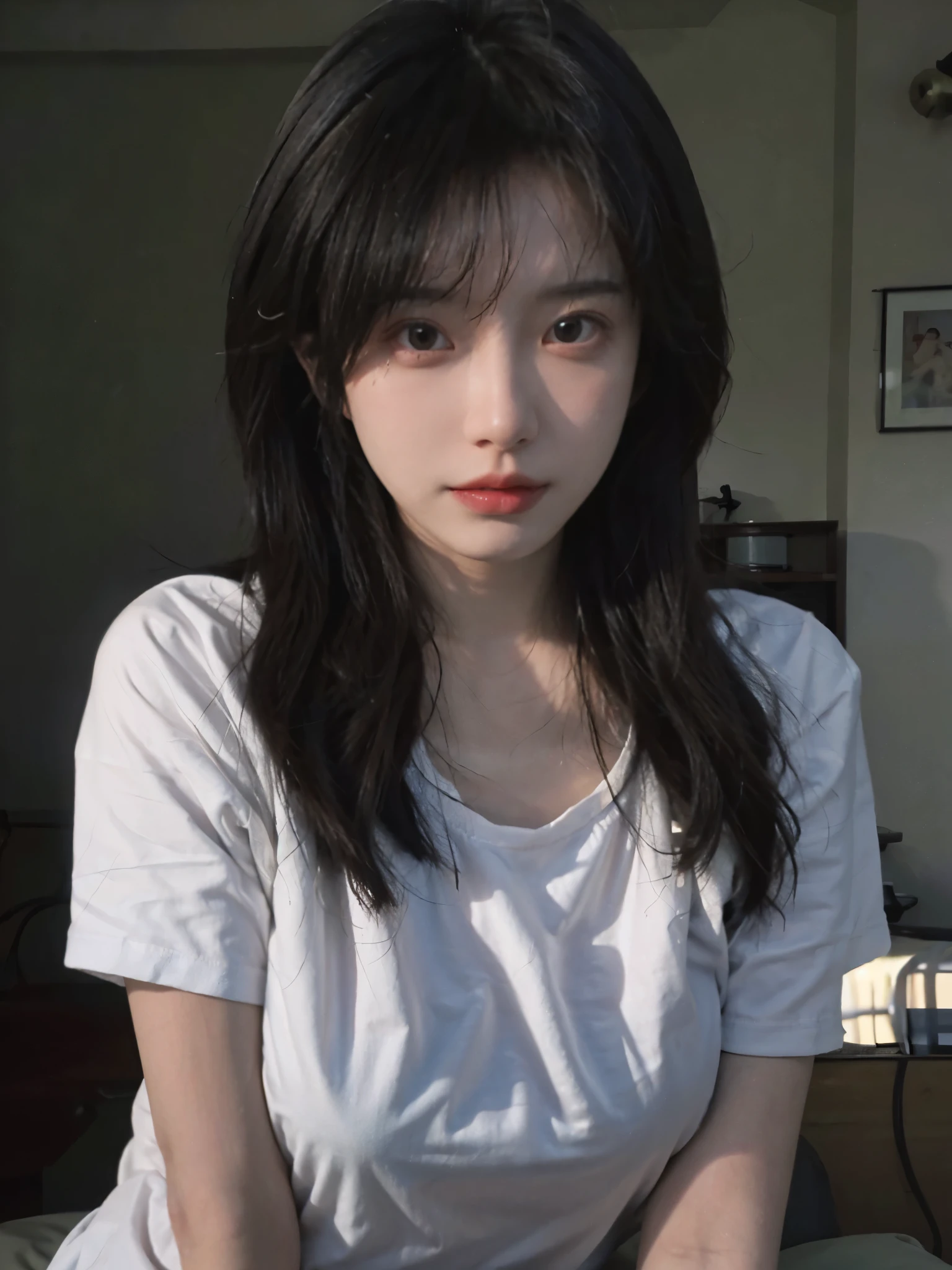 Best quality，masterpiece，Ultra-high resolution，（Photo Realism:1.4)，Girl，Sexy，cute，（T-Shirt:1.2），（Big breasts:1.3)，（whole body：1.4）