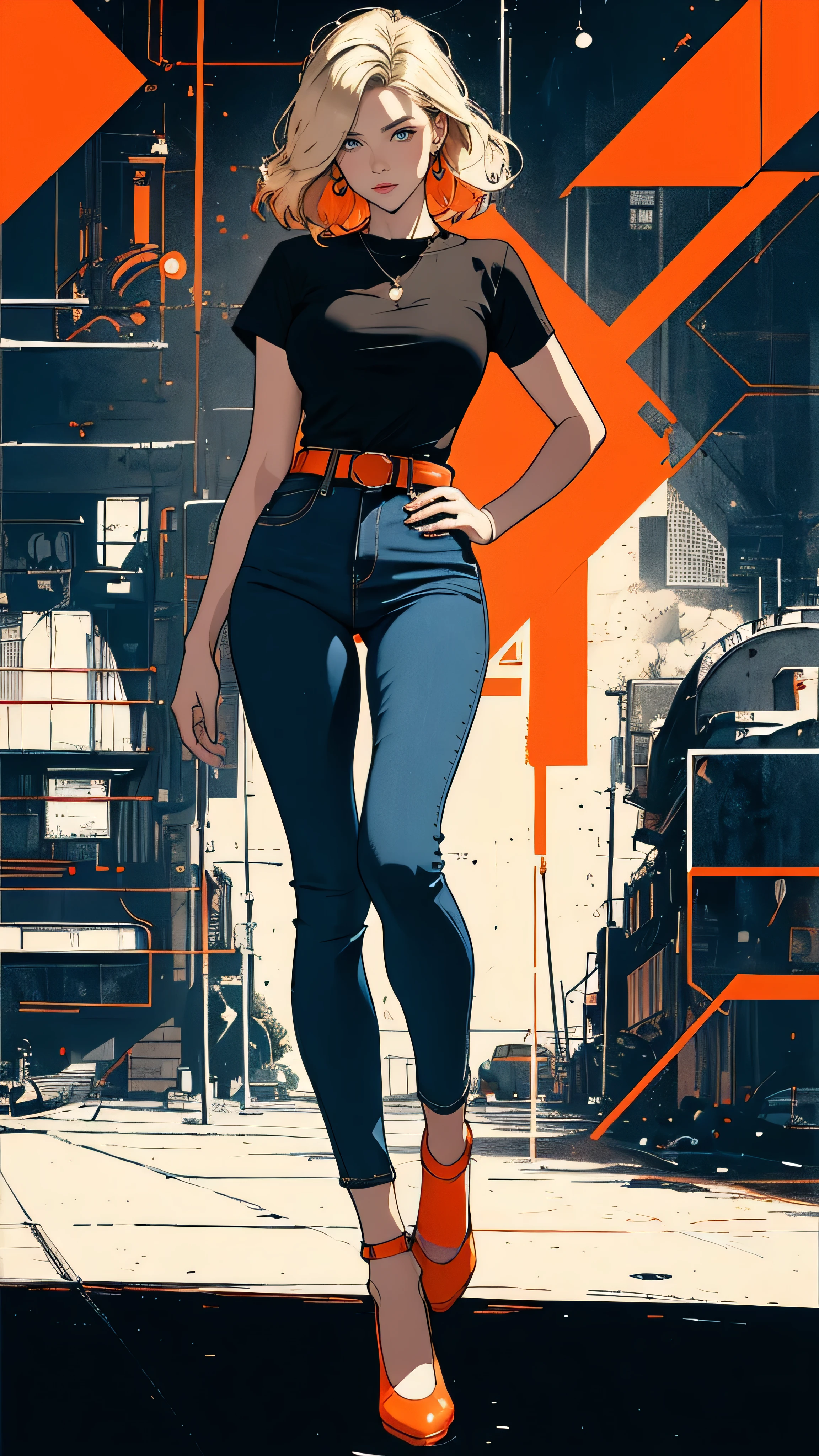 ((masterpiece, Highest quality)), (((whole body :1.5))), 32K Wallpapers, Very detailed, Poster, Vintage science fiction, 1960s,(((geometric cinematic movie Poster))), (Bauhaus), shape,Abstract, Midcentury Modern, movie Poster, Vintage, Perfect Lady,1970s,Halftone,Speech bubble,(((portfolio,close))), Tall and straight blonde mature girl, Sexy, Medium Neck, He is wearing a plain, tight orange short-sleeved U-neck T-shirt, She completely exposed her midsection, She is wearing jeans, she wears a large orange belt with a red heart-shaped buckle, beautiful abdomen, Beautiful thighs, Long and slender thighs, A pose that makes it appear as if you are facing forward with your hands on your hips, whole body