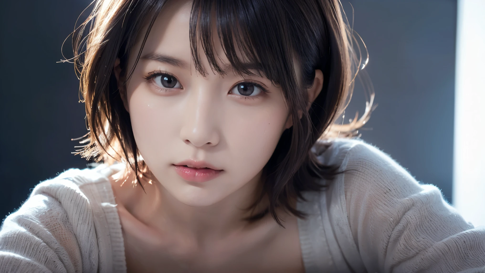 ((One Woman))、8K Ultra HD、RAWphotograph、モデルphotograph撮影、 European Fashion、(masterpiece、Highest quality、Realistic、High resolution、photograph:1.3)、close、I focus、Hot Model、slim、30 year old mature woman、Small face、No makeup、short hair、Beautiful dark brown hayne eyes、Genuineスキン、(Perfect body)、Sexy hot face、erotic、Sexual perspective、slim、Purple Dress、Long sleeve、Beautiful eyes in every detail、Glossy Lips、Small breasts、Small breasts、((Bright light、Dynamic Lighting、Genuine、超Genuine、 realism、Genuineなディテール、Cool Beauty、Cool pose、The background is a night view、Plain gray background
