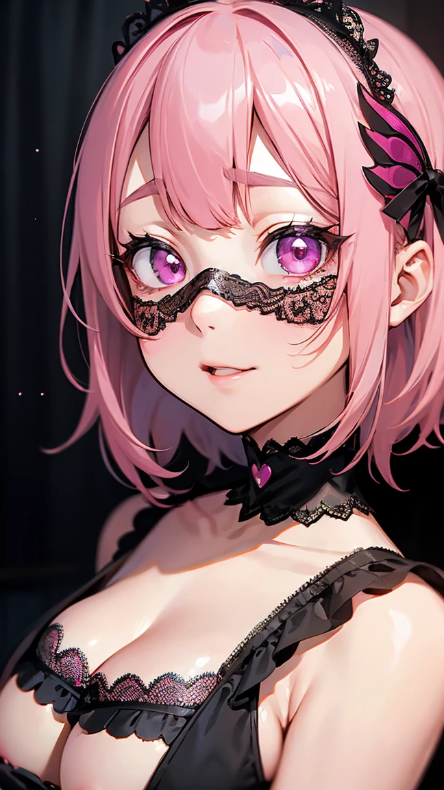 (4K quality:1.3),(Highest quality:1.3),(albino),(Whitening),(19 years old:1.3),(?????????????:1.6),Overdeveloped ???????:1.6,???????????:1.6,世界一?????????????,Extra large ?????:1.3,One of the largest ??????? in the world,Saggy ???????,rich,Upper Body,smile,Japanese Voice Actors,Overflowing ???????,(jewelry),Captivate a man,Cleavage,(Con Cafe:1.5),(Celebrities:1.4),(thin:1.2),(Tight waist:1.4,(Night viewの良いホテル:1.1),(luxury:1.2),(Arisa Hanyu:1.5),(anorexia:1.4),(Night view:1.3),(Close up on face:1.2),Catchlight,(Child face:1.6),(smile:1.1),(Lori:1.5),(Pink Hair:1.6),(Short Hair),(Deep pink eyes:1.4),(2D cuteness:1.5),(Cute Makeup),Beautiful fingertips,Black lace collar,(black lace mask:1.3),(Princess:1.4)