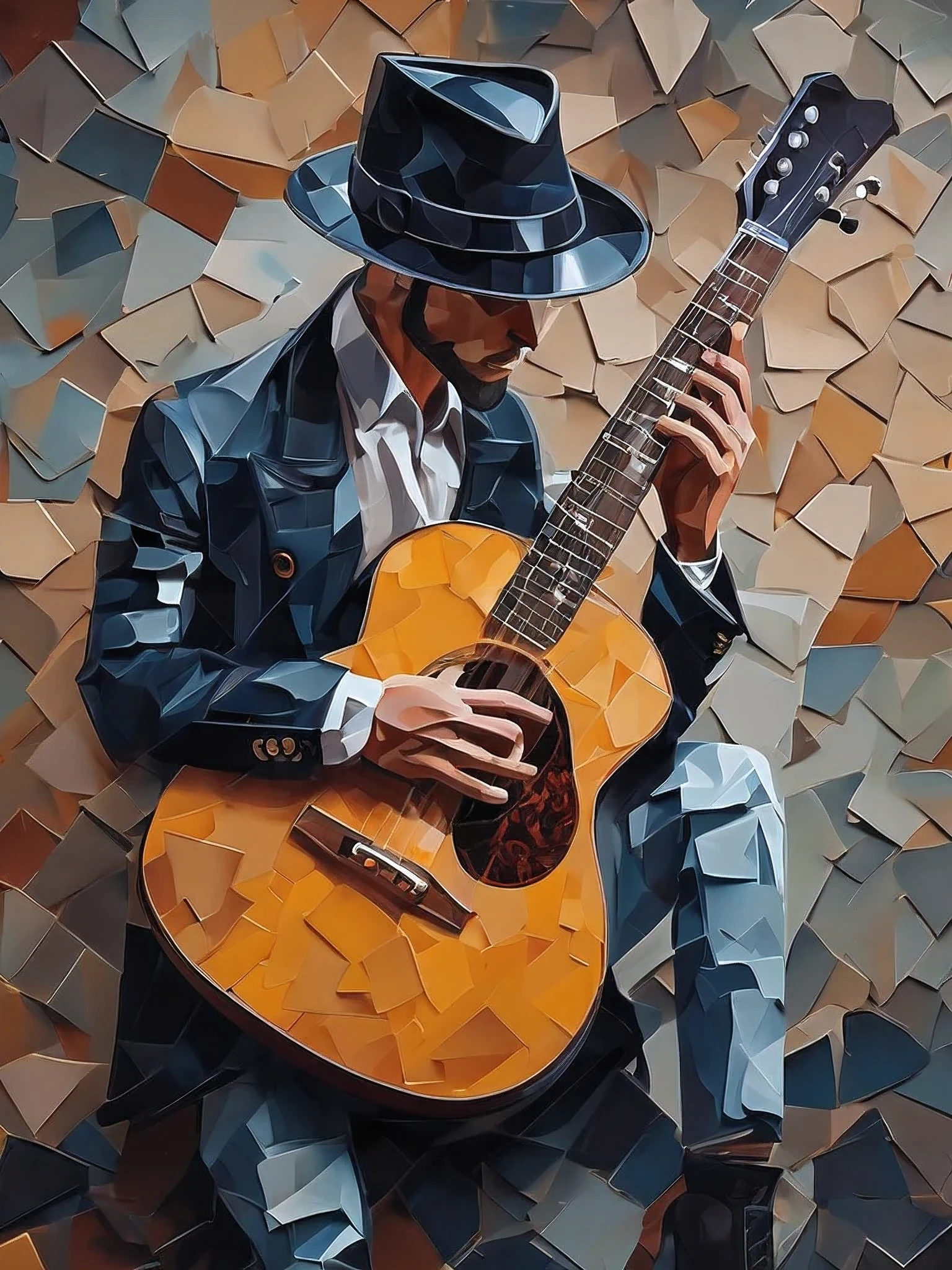 Impasto techniques, A man wears hat was smoking cigarettes while playing with a guitar,