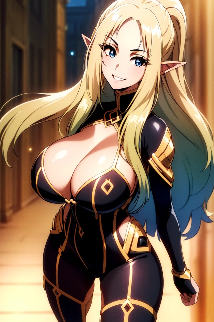 ((4k)),((masterpiece)),(best quality),((ultra detailed)), ((beautiful blurry background)), ((cinematic lighting)), depth of field, (dynamic angle),((beautiful detailed eyes), pretty face, large , ((cleavage)), black bodysuite ,best quality, masterpiece, 1girl, ultra detailed,detailed face, 8k wallpaper, (wide hips:1.2), AlphaNDV, 1girl, blonde hair, blue eyes, very long hair, elf, pointy ears, huge breasts, smile, full body visible, head completely visible
