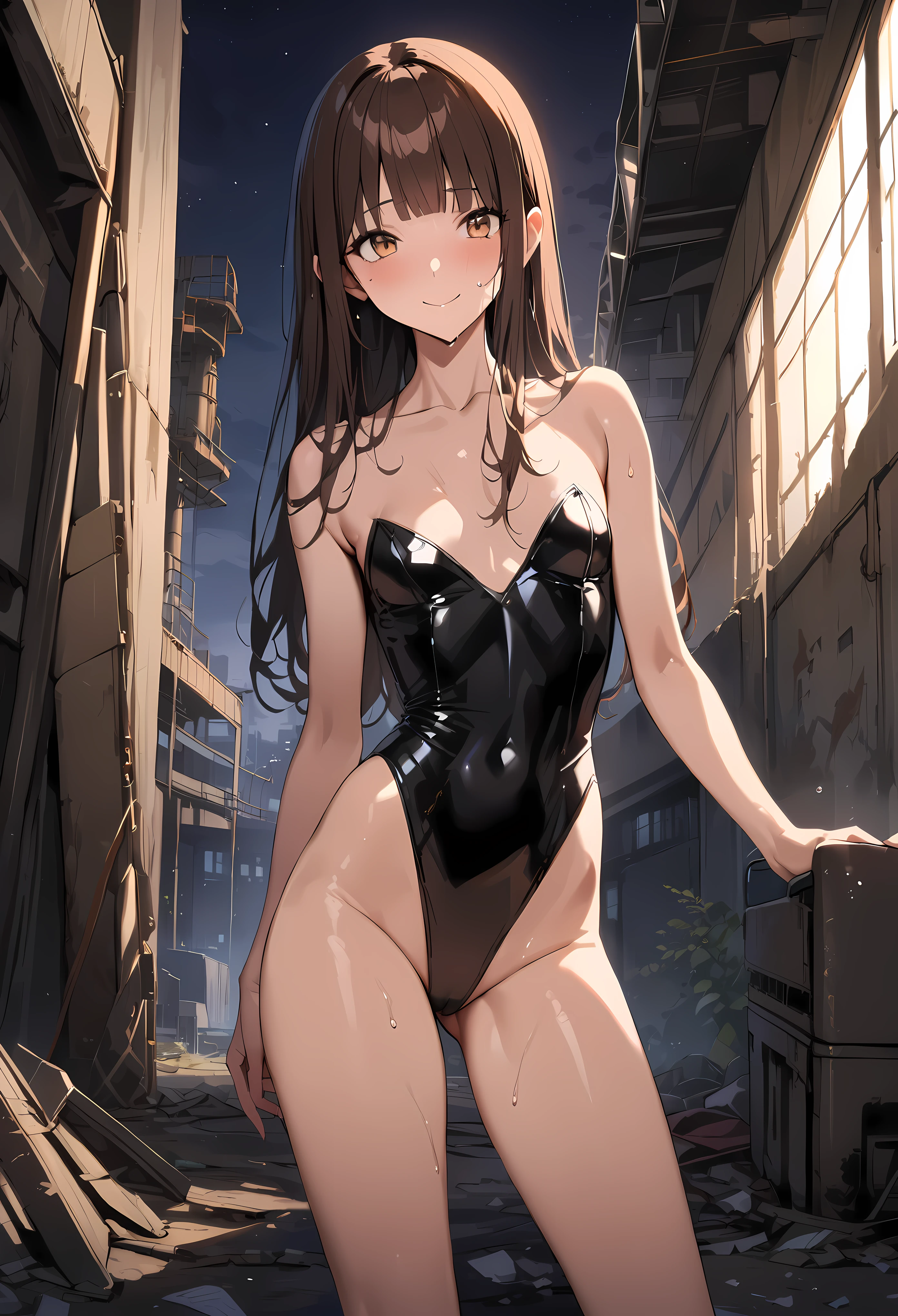 ((masterpiece,best quality anime,Highest quality:1.3)),realistic,cowboy shot,Mature Beauty,solo,1woman,((very small head:1.3)),ideal ratio body proportions,tan skin,brown hair,bangs,straight long hair,gorgeous eyes,brown eyes,smile,(Black leotard bodysuit、clavicle),((slender body,skinny,toned body)),small breasts,sweat:1.3,gleaming skin,shiny skin,standing,((Abandoned Factory)),at night、Modern Tokyo、