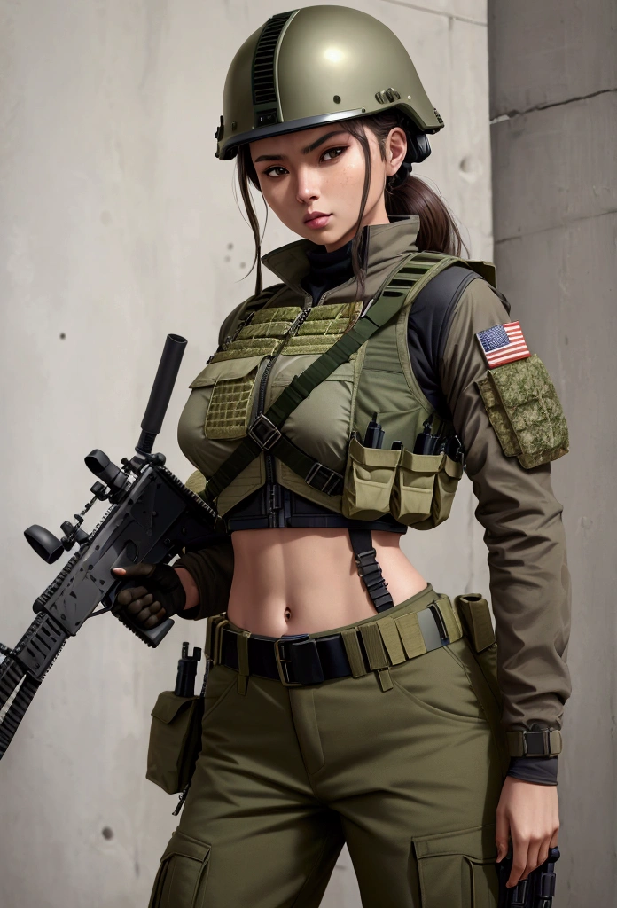 Women in crop top military bulletproof vest , military green cargo pants, belt, military helmet, tactical, (open navel), ((holding assault rifle))