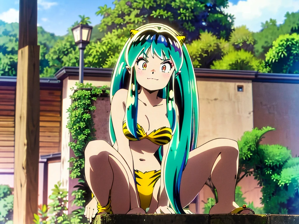 Tabletop, Highest quality, Ultra-high resolution, Highest quality, Anime Style, Alien Girl, They are, , Attractive girl, Long Green Hair, Yellow horn, Ram, Ram_Bikini, Yellow tabby bikini, A carefree smile, Animated facial expressions, Face Focus, close, squatting, pov