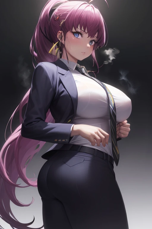 masterpiece,best quality,high resolution,8k,ultra HD,wallpaper,illustration,perfect face,cowboy shot,beautiful detailed eyes,extremely detailed face,perfect lighting,extremely detailed CG,perfect hands,perfect anatomy,perfect body,perfect hands,perfect fingers,1woman,full body,,(muscle fighter:1.1),pruple ponytail hair ,pruple eyes,large breasts,Medium ass,medium nipples,black business jaket suit inner white T-shirt,black hot pants,suit clothed,black necktie,,,looking at viewer,sexy look pose,Steam,sweat,home,(NIKKE character Dolla),