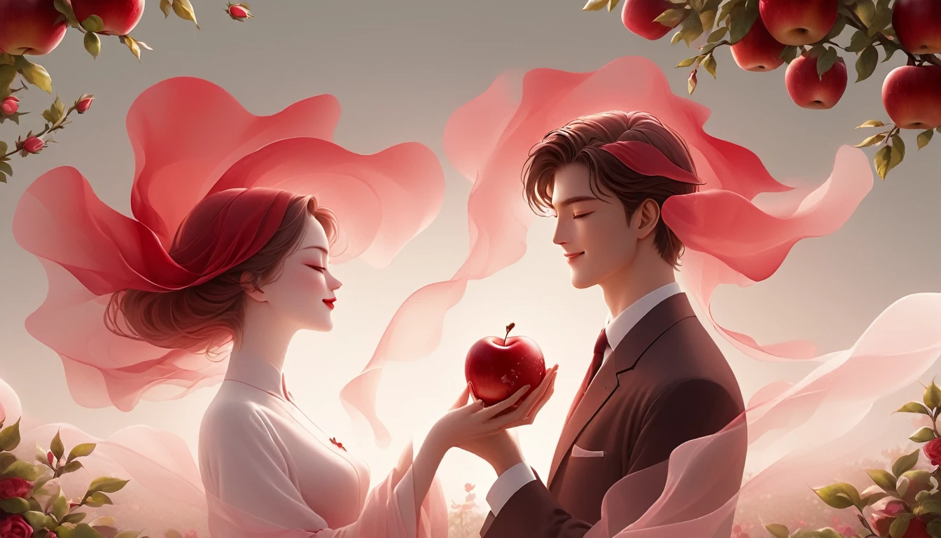 (masterpiece, best quality:1.2), 1 man 1 woman, full-body shot，2 people，Holding apples together，romantic petals，Apple Tree，Ultra-high detail，Rose，In the flowers，Red hue，Smile，