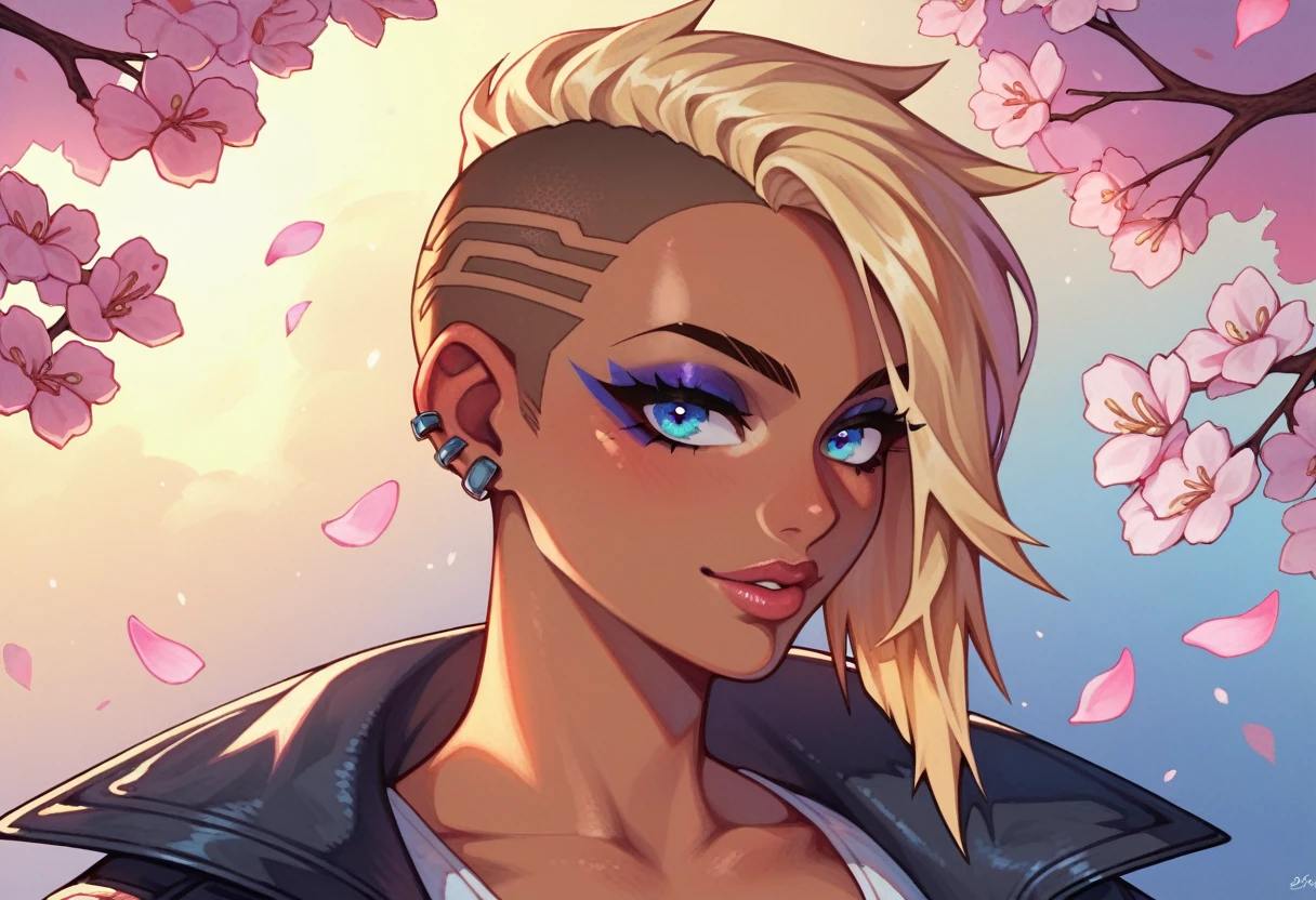 One girl, Blonde, cin_ear, animal_ear, 一人in, dark_skin, Sunburn_skin, Foggy Neon Futuristic, Summer jackets, Cherry blossoms fall, Portrait Style, Looking_in_Audience, cineminic lighting, eyeliner, compensate, Emotional, Very detailed, Wide Shot, Sharp focus, Ring Light, Rim Light, ocSunburne render, Ring Light, Rim Light, Nbinkupunk, Samdos Arts