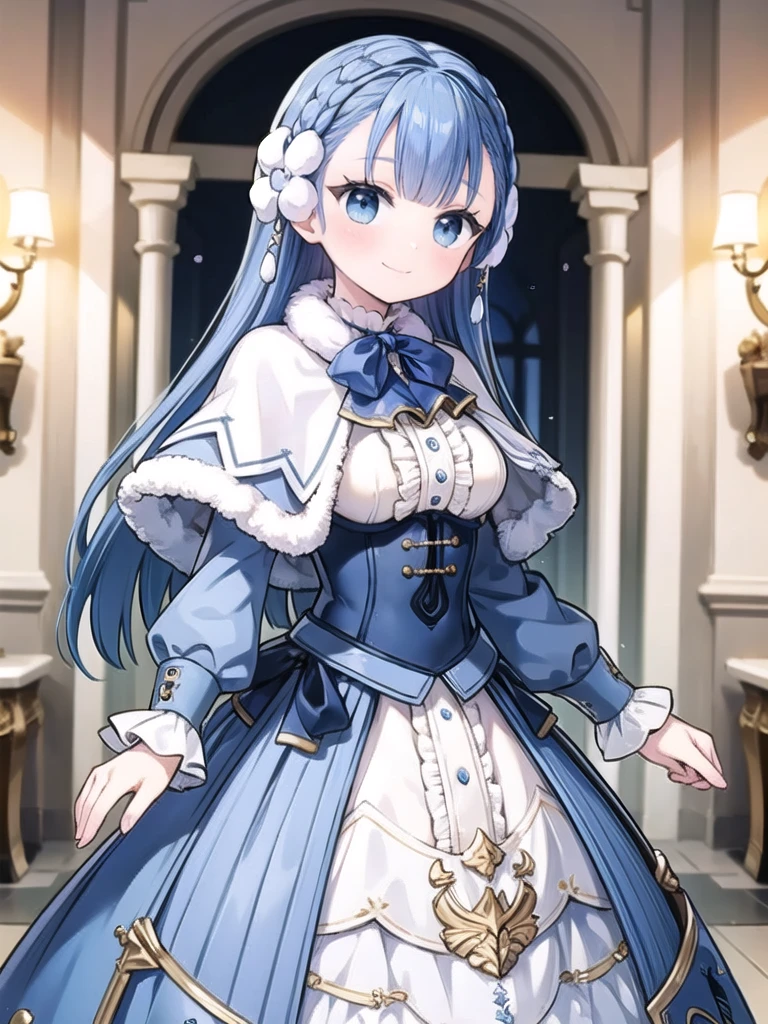 1girl, masterpiece, best quality, perfect hands, rinea fe, smile, blue hair, very long hair, crown braid, hair flower, white capelet, cowboy shot, fur-trimmed capelet, frilled dress, frills, blue ribbon, dark blue corset, long sleeves, long dress, blue with white dress, gown, blunt bangs, blush, closed mouth