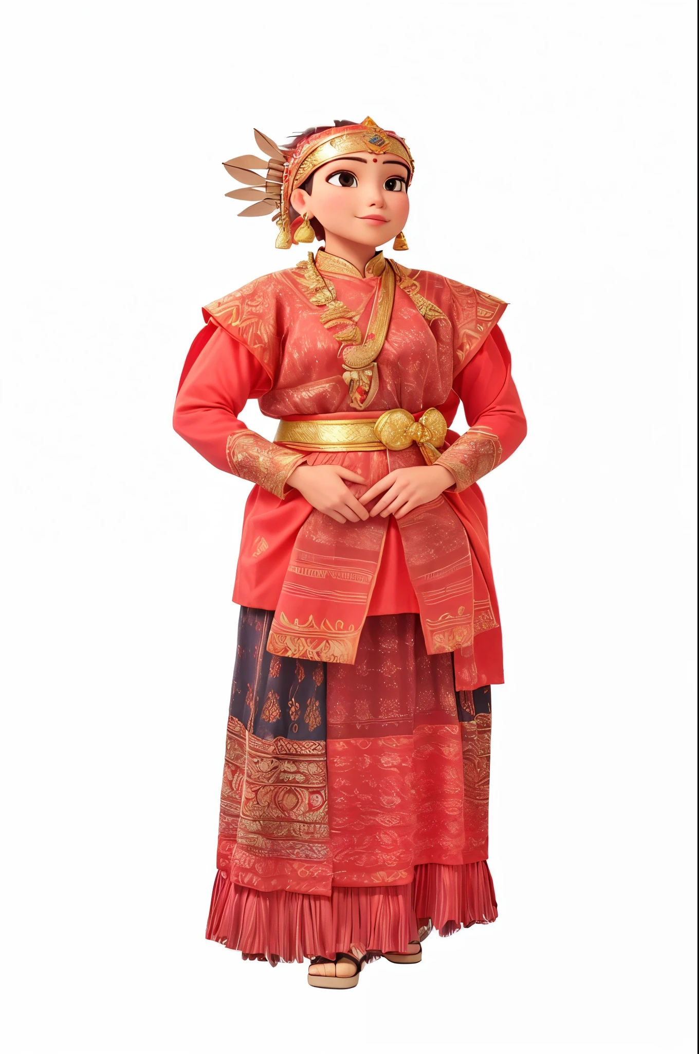 a woman in a red dress and headdress standing with her hands on her hips, Traditional clothes of North Sumatra, Indonesian people, costume, traditional dress, traditional clothing, traditional clothes, wearing authentic attire, traditional costume, traditional tai costume, authentic costume, wearing traditional garb, tai costume, traditional, idian dress, traditional beauty, ethnic, wearing an elegant tribal outfit, larapi