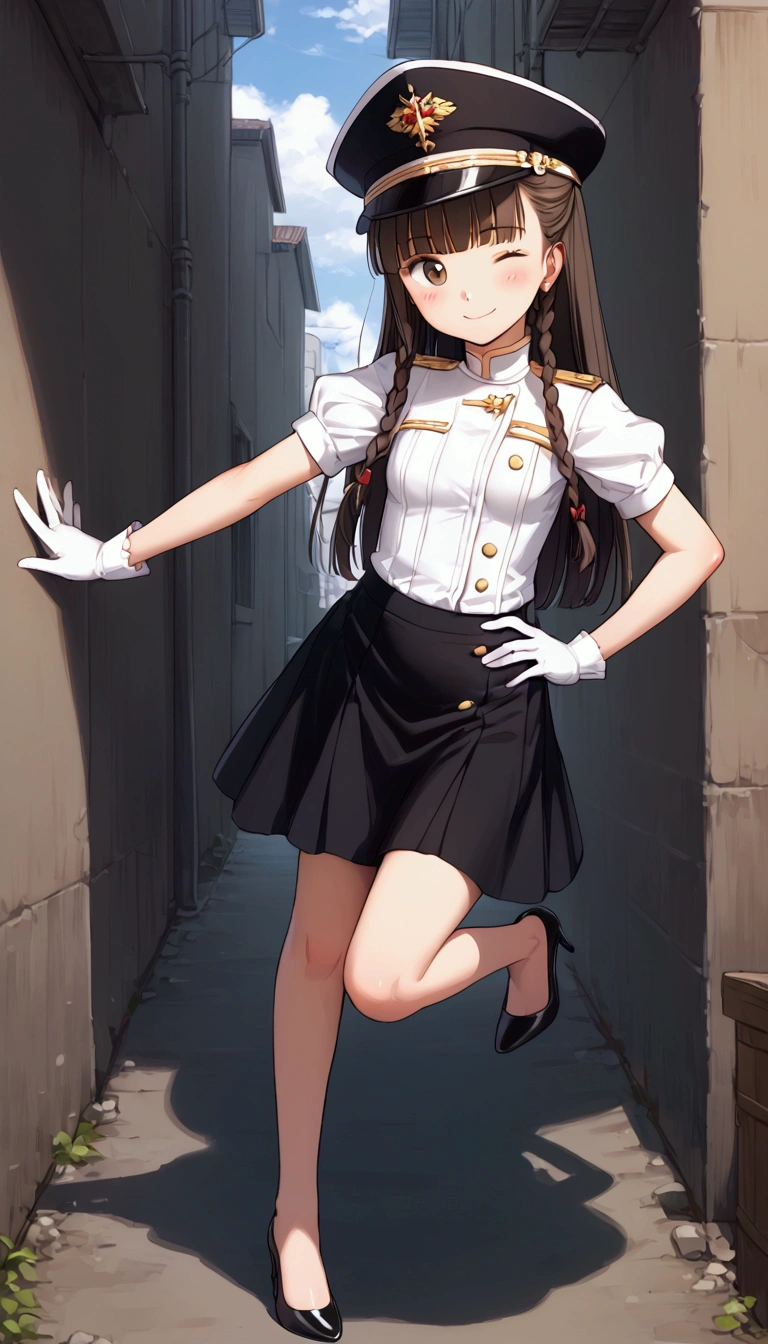 {Highest quality}, {Super beautiful},{Ultra fine},{Best illustration},Brown Hair,Hime cut,Braid,long hair,ponytail,One woman,Standing Woman,Strike a pose,Adult women,smug face,Excited face,Wink,Uniform cap,White shirt,Short sleeve,Black long skirt,White gloves,Black stiletto heels,Night Park,crowd,Blushing,Slender,From an angle,Spread your legs,Put one hand on your hip