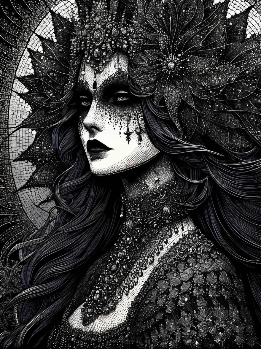 gothic aesthetic, Portrait of the Gothic queen, The art of drawing dots, small dots, dotted shadows, small strokes, filling with fractals, high detail, high definition, play of colors and shadows, gothic palette, gothic background of fractals, high resolution 32k, high definition
