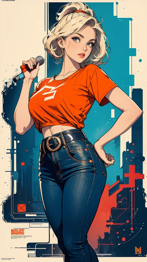 ((masterpiece, Highest quality)), (((whole body :1.5))), 32K Wallpapers, Very detailed, Poster, Vintage science fiction, 1960s,(((geometric cinematic movie Poster))), (Bauhaus), shape,Abstract, Midcentury Modern, movie Poster, Vintage, Perfect Lady,1970s,Halftone,Speech bubble,(((portfolio,close))), Tall and straight blonde mature girl, Sexy, Medium Neck, He is wearing a plain, tight orange short-sleeved U-neck T-shirt, She completely exposed her midsection, She is wearing jeans, she wears a large orange belt with a red heart-shaped buckle, beautiful abdomen, Beautiful thighs, Long and slender thighs, A pose that makes it appear as if you are facing forward with your hands on your hips, whole body